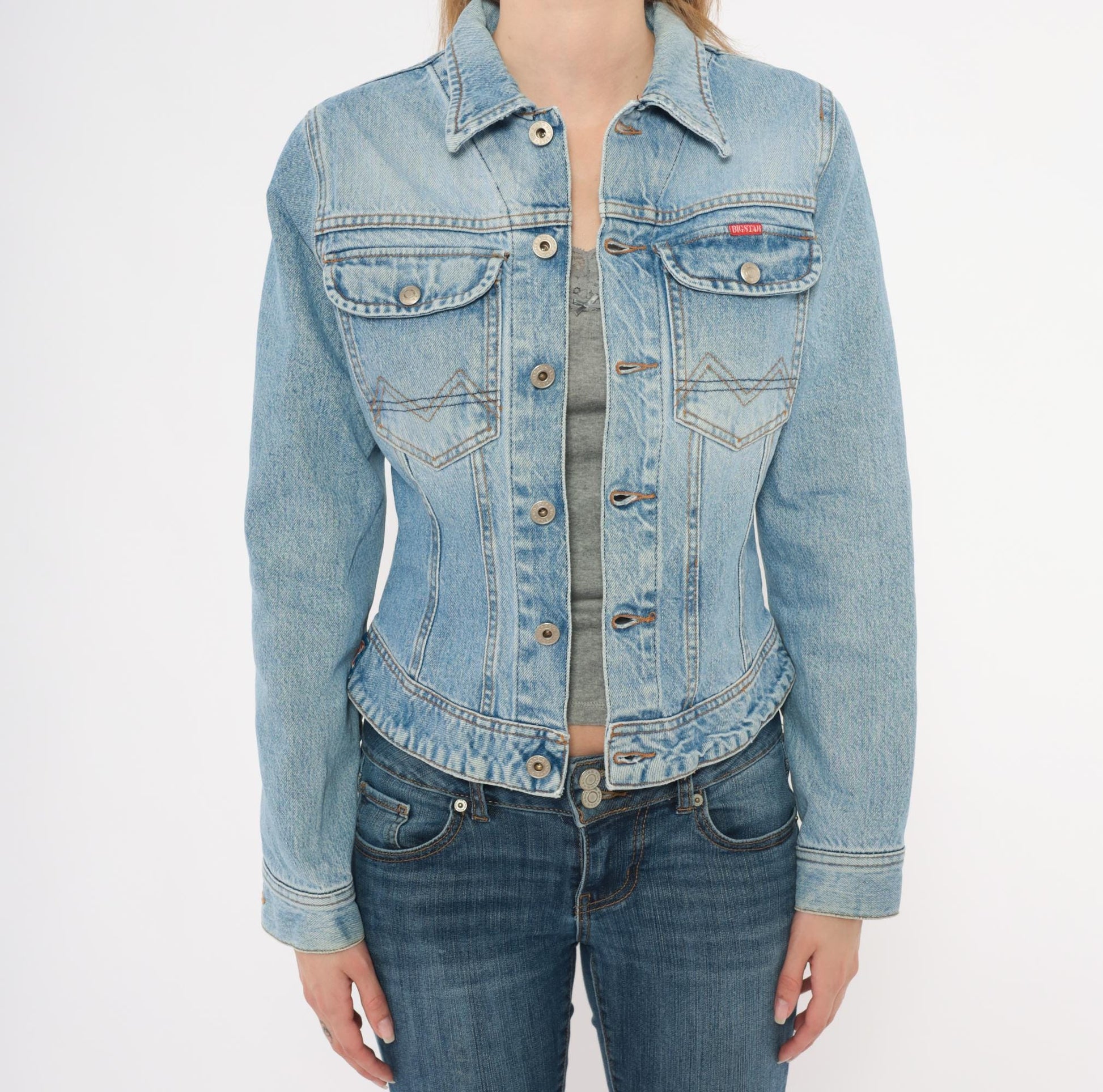 90s Big Star Light Wash Denim Jacket Cropped Pointed Collar Extra Small XS