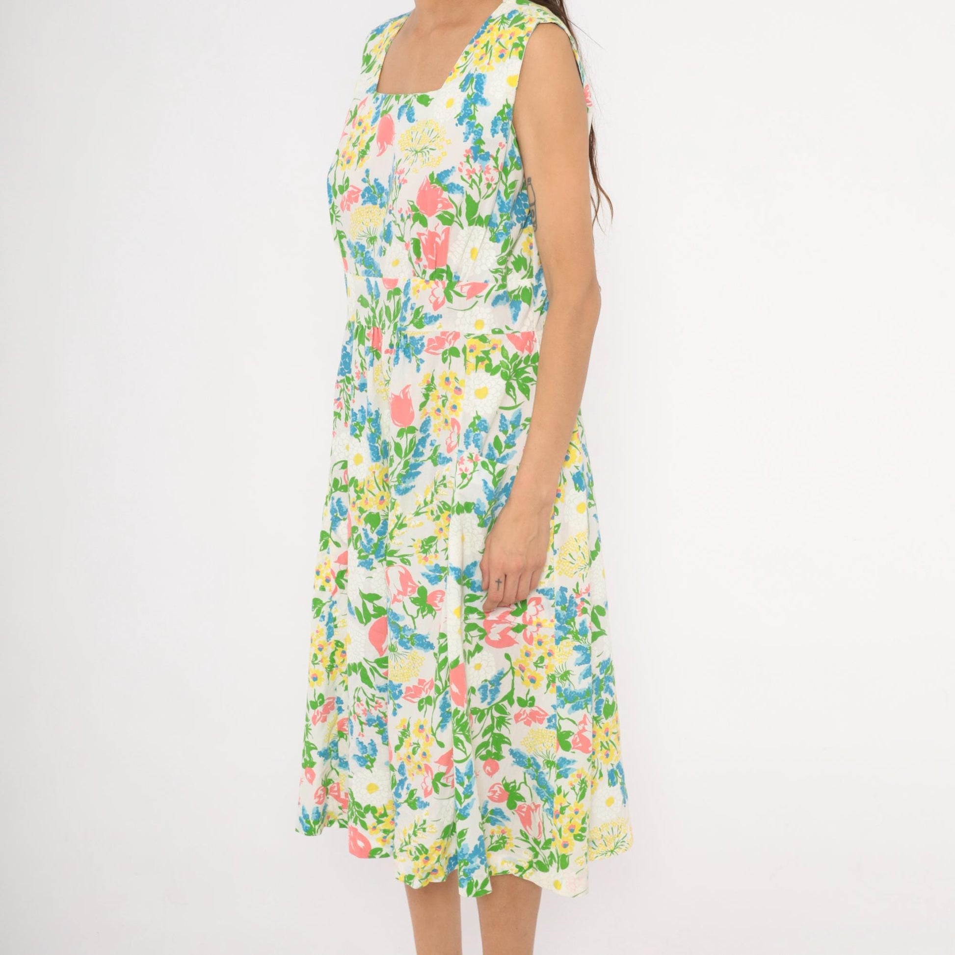 70s New Perspective Floral Midi Sundress Square Neck Pleated Cotton Pink Blue Large L
