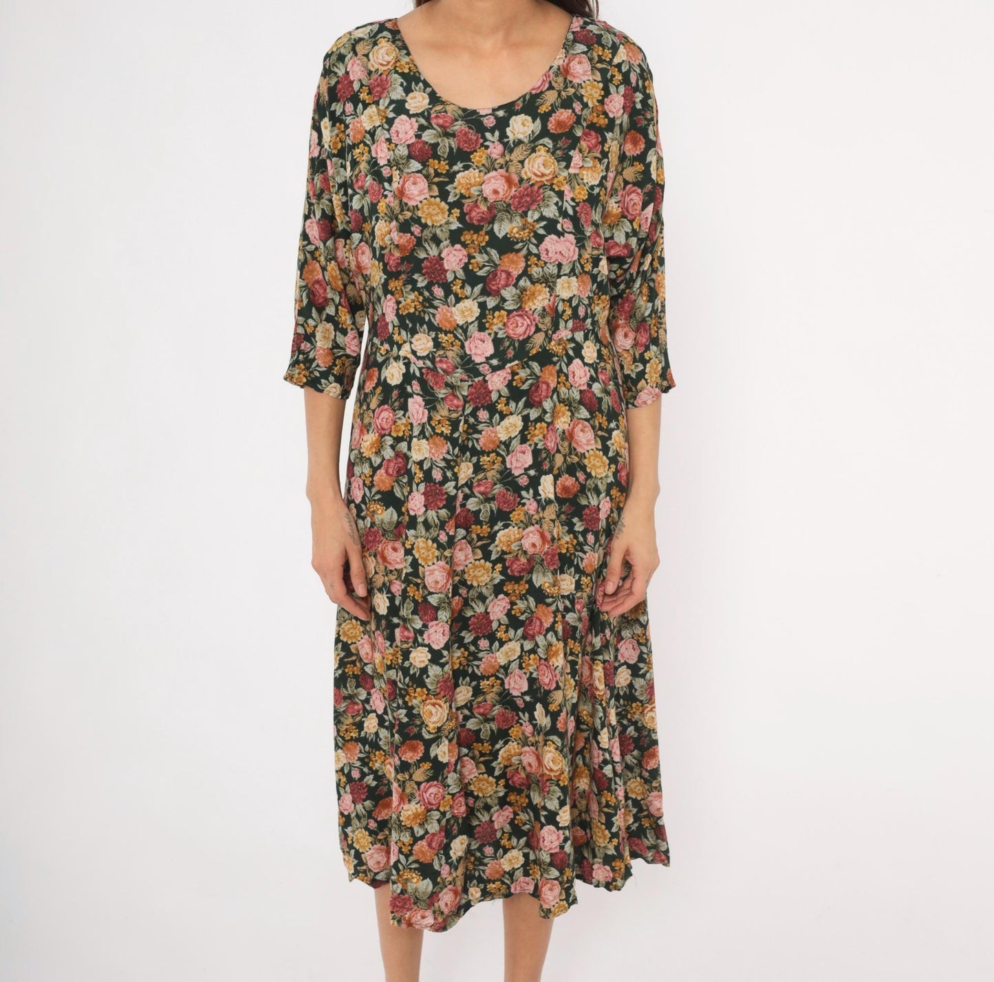 90s Paquette Floral Midi Dress Garden Rose Print Black Pink Burgundy Large L