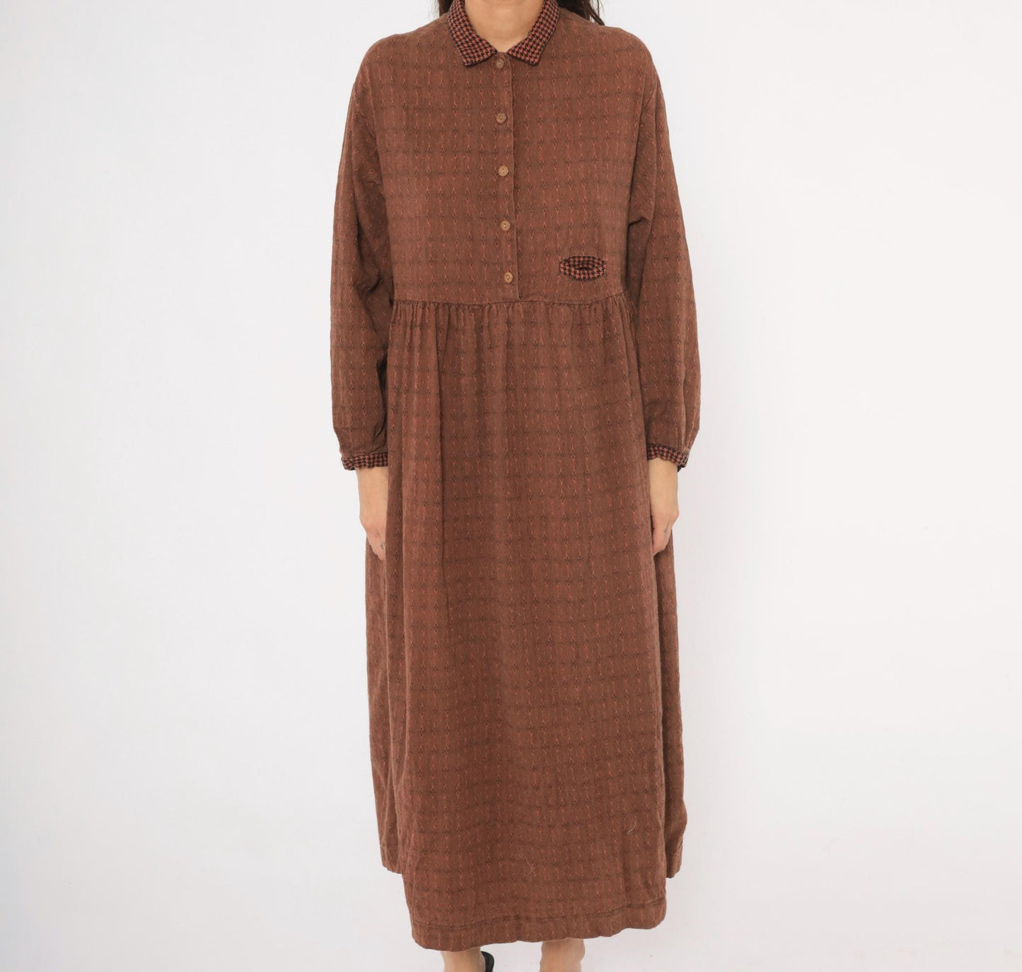 90s No Saint Brown Maxi Shirt Dress Houndstooth Collar Diamond Pattern Medium
