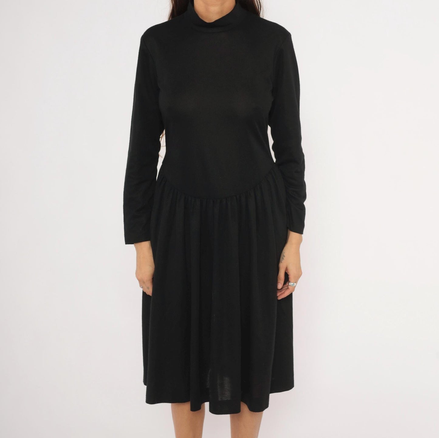 80s Vicky Vaughn Mock Neck Dress Black Drop Waist A-Line Medium M