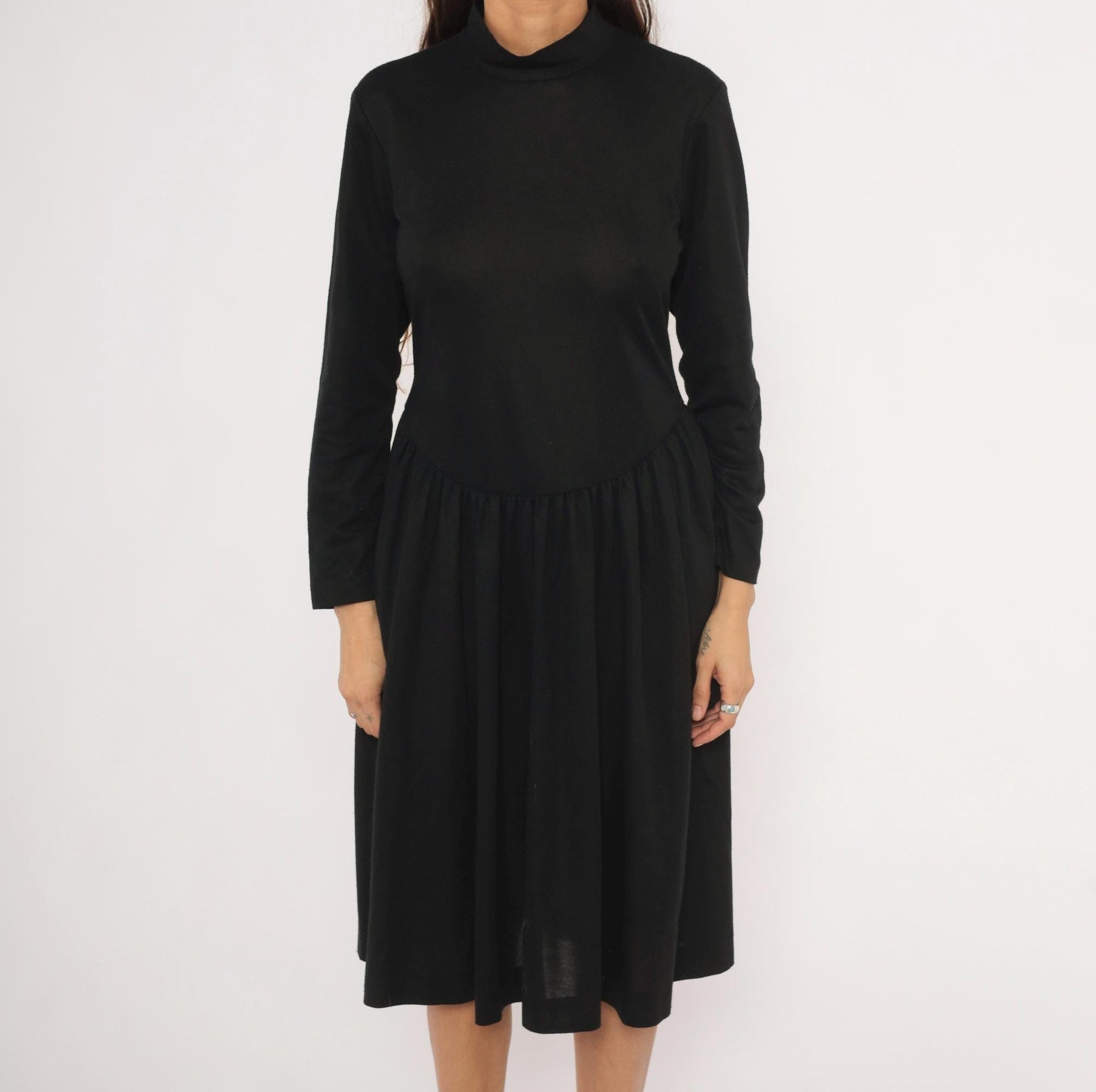 80s Vicky Vaughn Mock Neck Dress Black Drop Waist A-Line Medium M