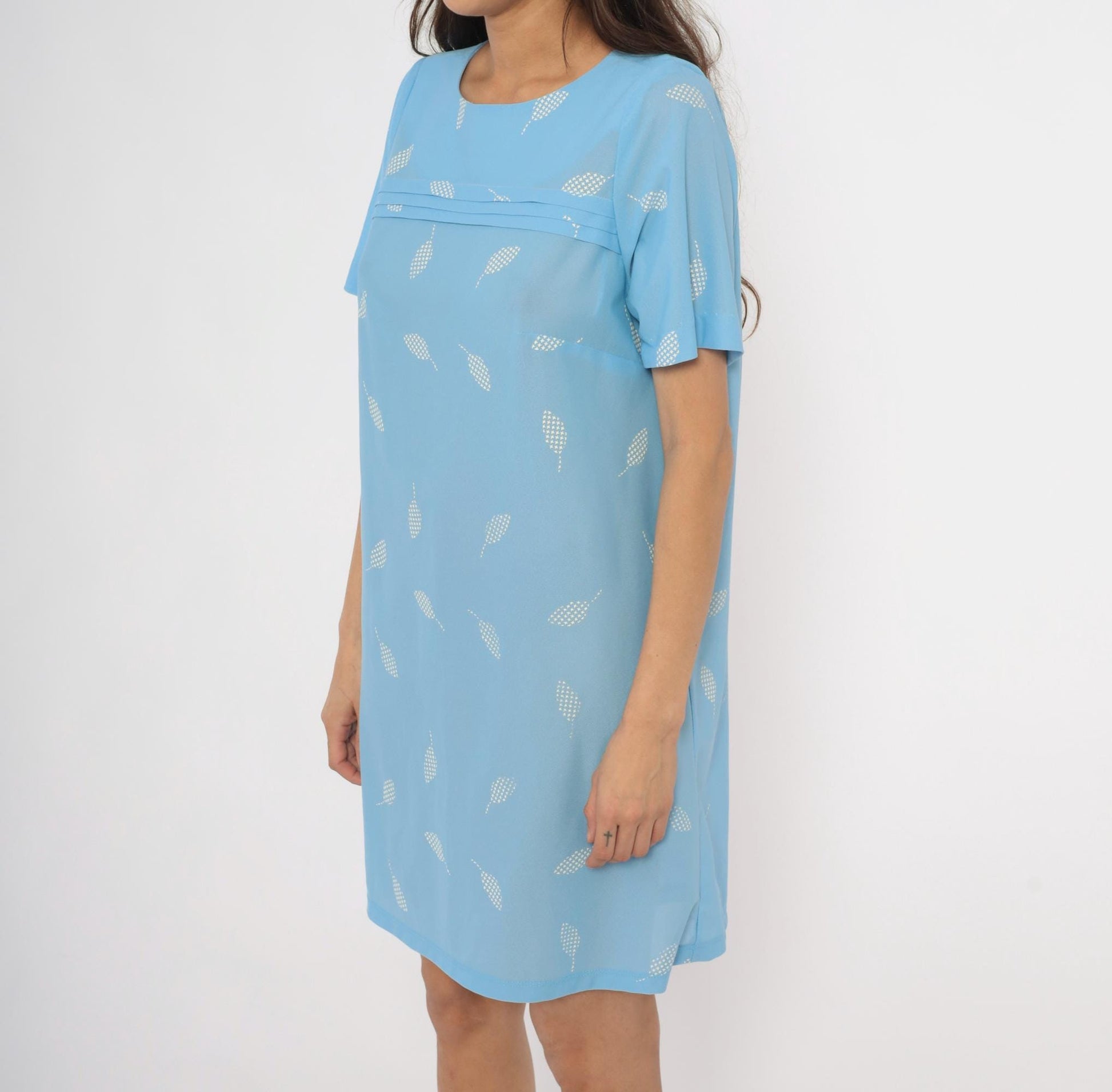 80s Sky Blue Leaf Shift Dress White Scattered Pattern Pintuck Medium