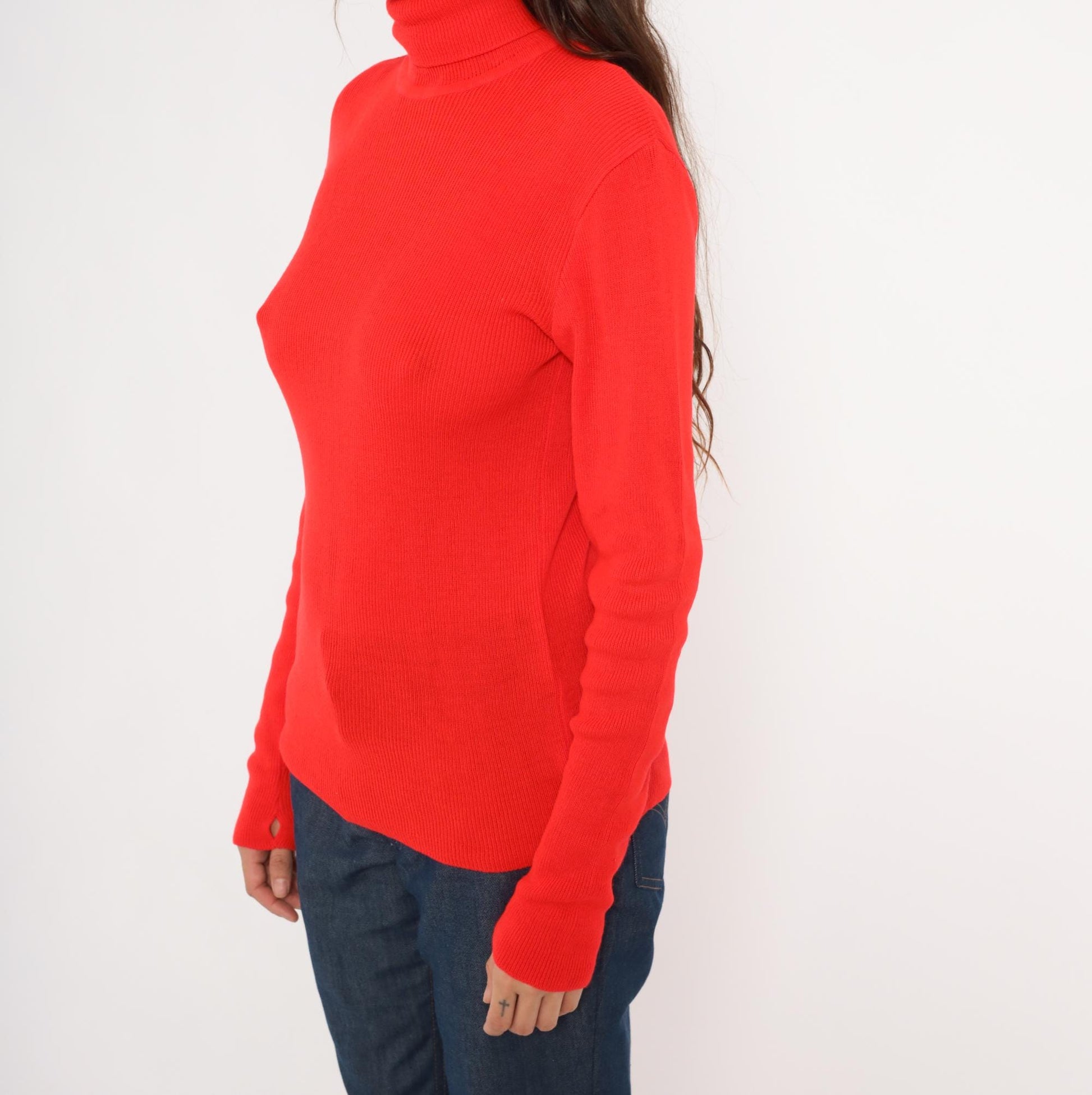 70s Red Turtleneck Sweater Ribbed Knit Pullover Button Cuff Medium Large