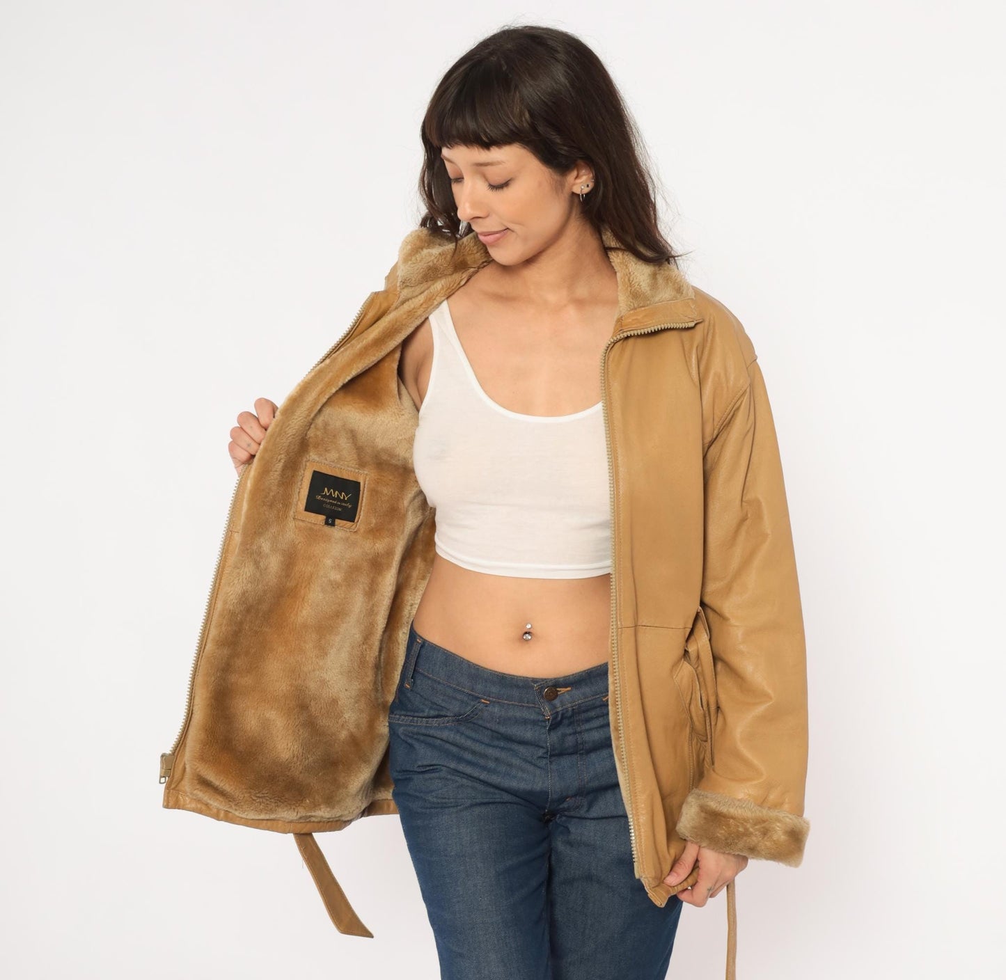 2000s Mny Tan Leather Jacket Fur-Trimmed Collar Belted Hip-Length Small S
