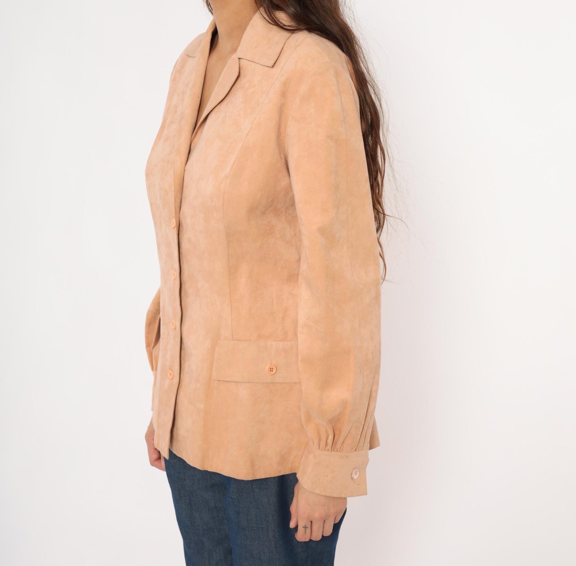 80s Mollie Parnis Tan Suede Blazer Patch Pocket Gathered Cuff Medium M