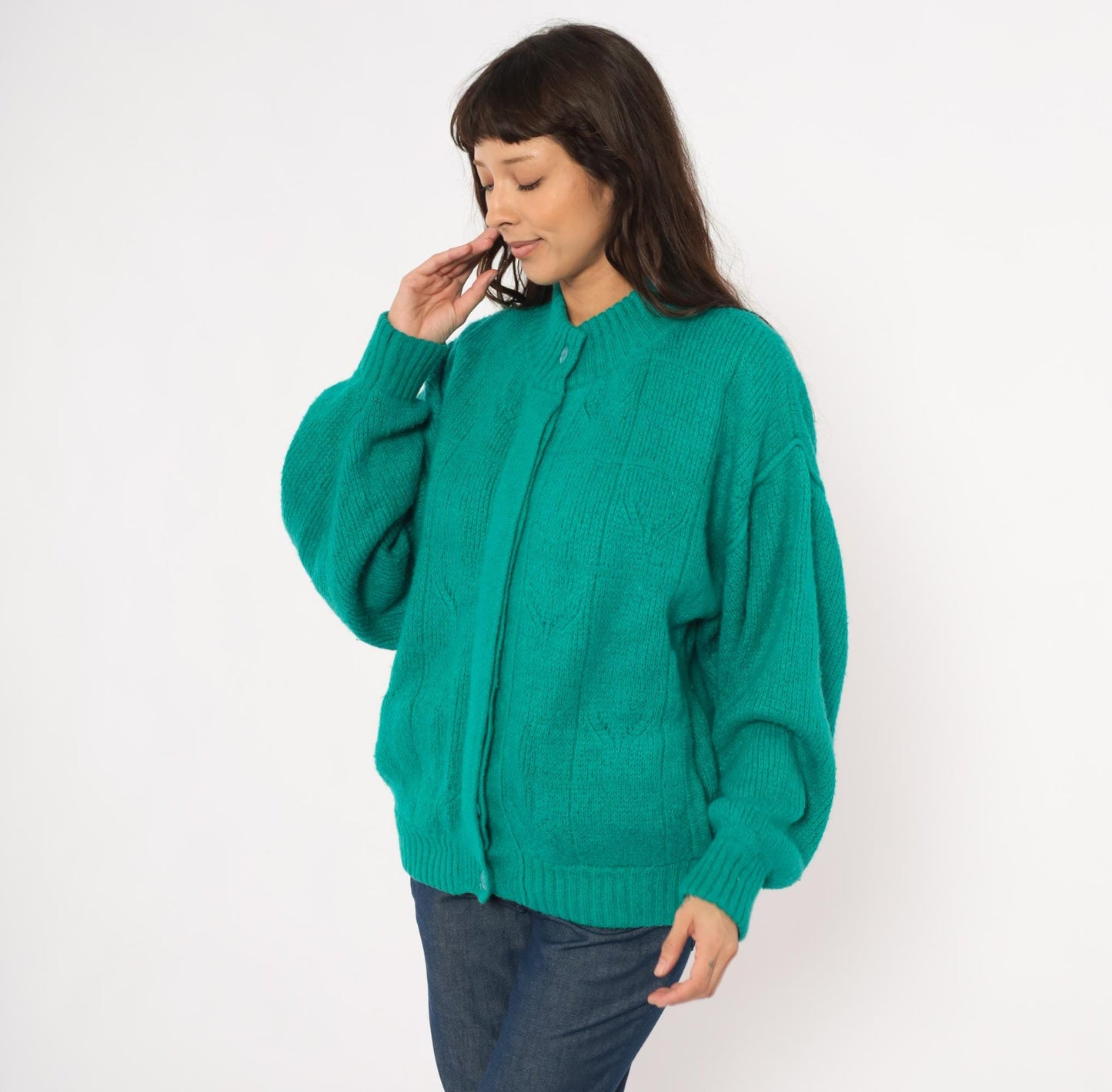 90s Astri Teal Mohair Cardigan Leaf Cable Knit Bomber Medium M
