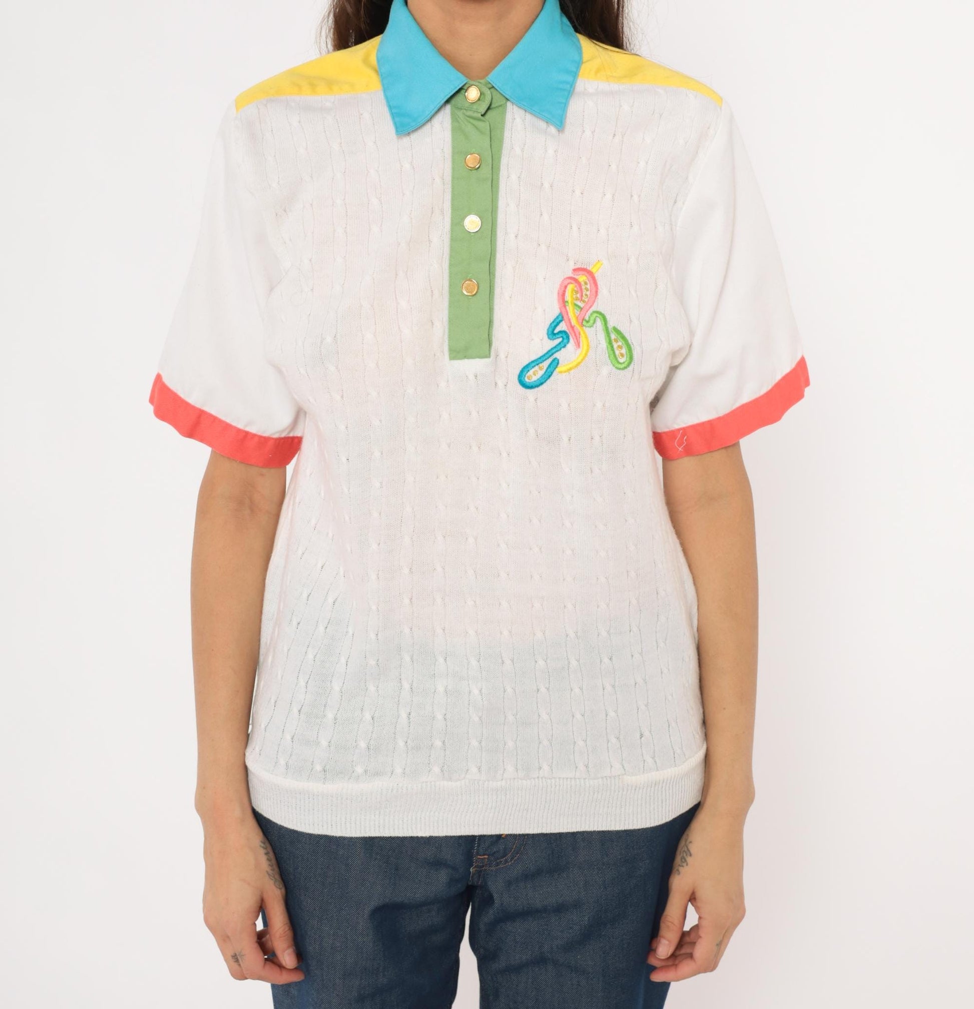 80s Joyce Colorblock Cable Knit Polo Embroidered Multicolor Medium