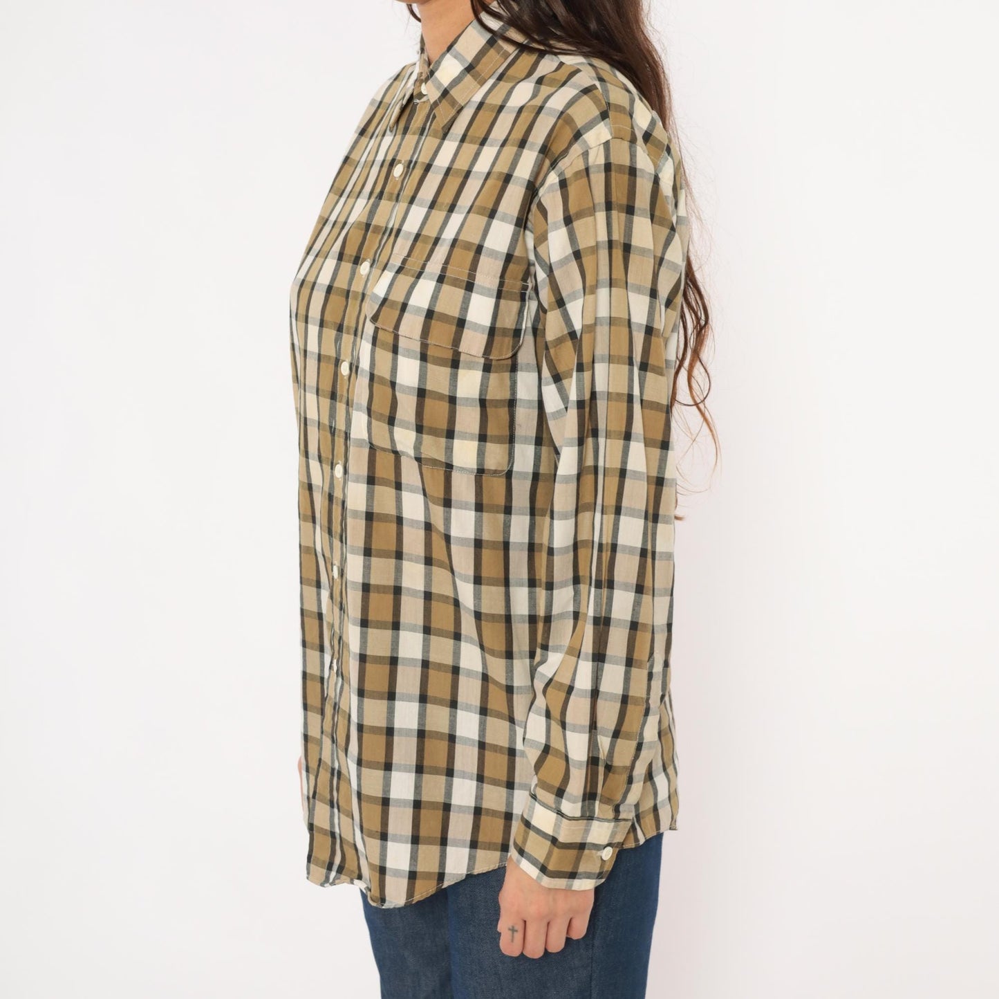 90s Steeplechase Plaid Button-Up Shirt Tan Navy Cream Medium