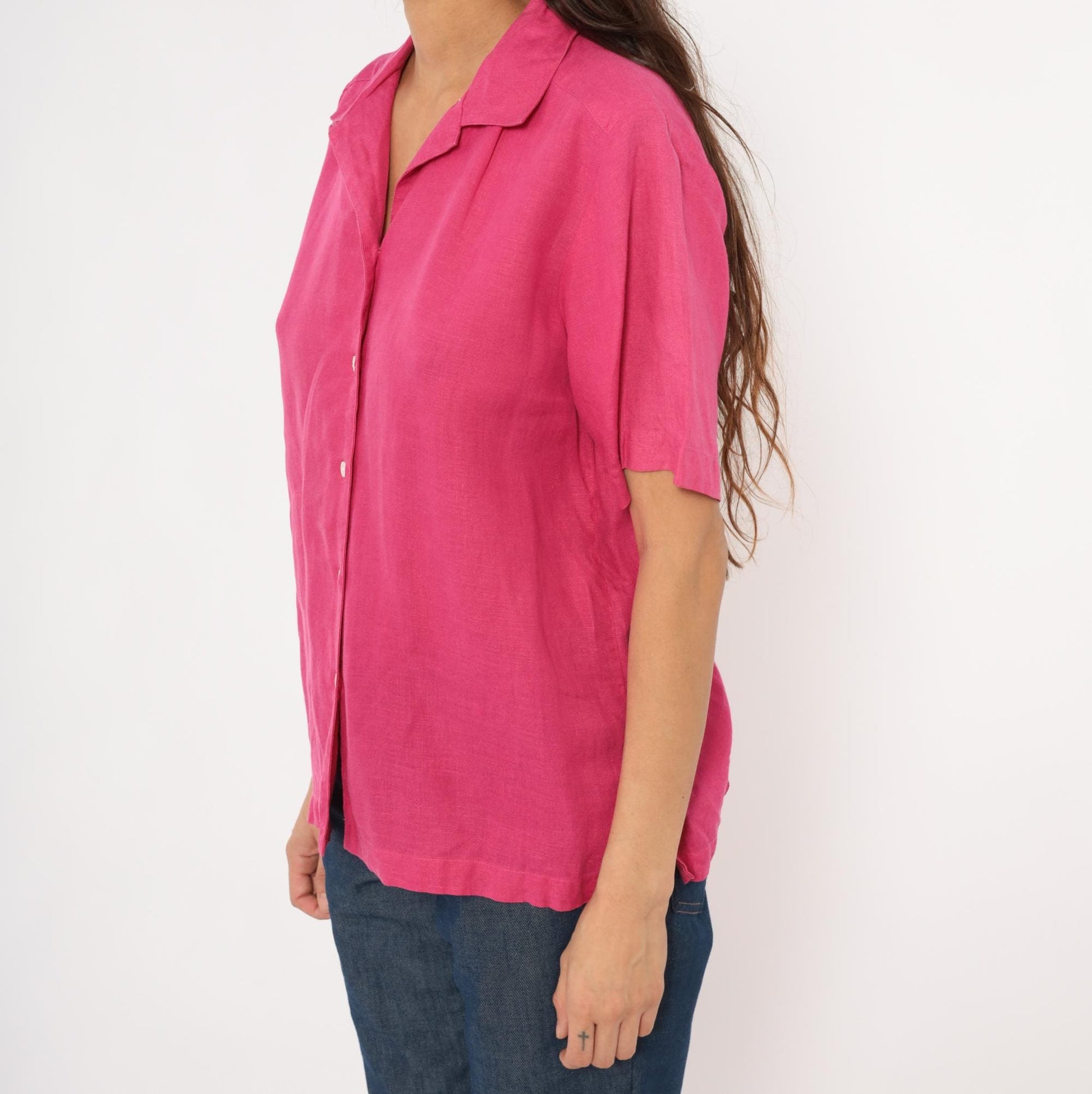 80s Brooks Brothers Fuchsia Linen Camp Collar Shirt Button Front Medium M