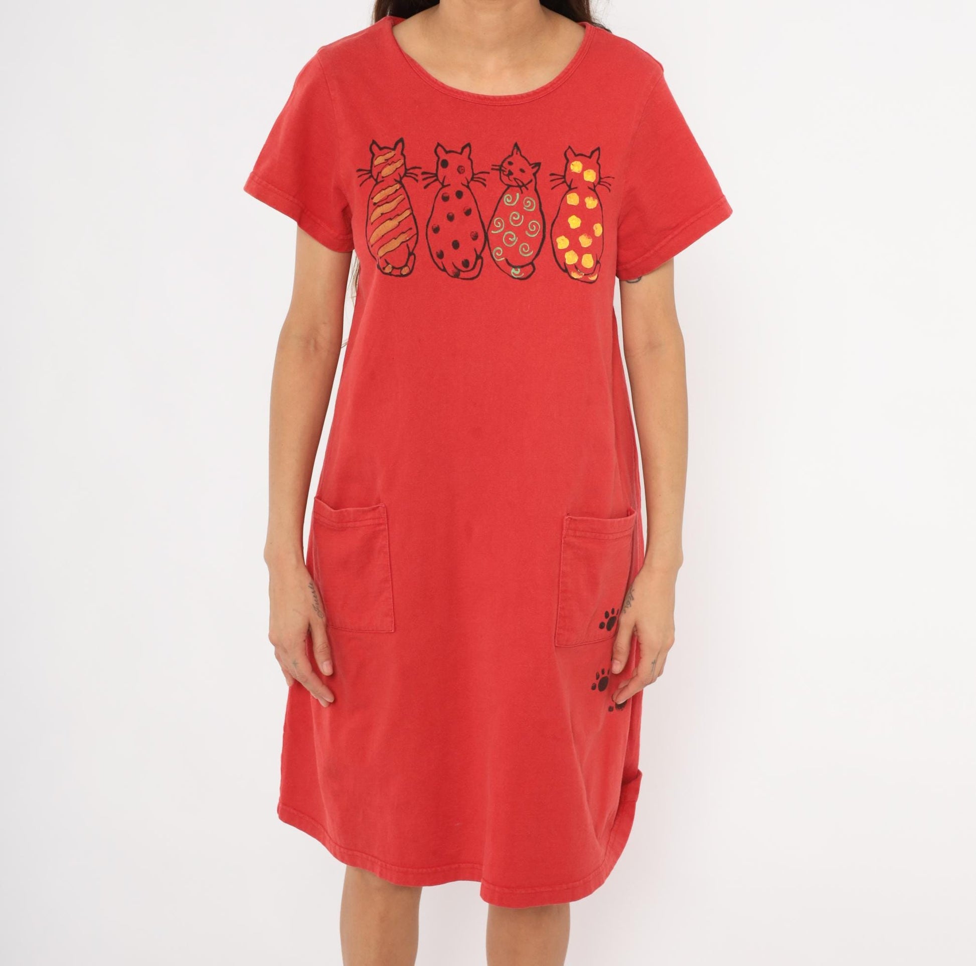 90s Cat T-Shirt Dress Red Cotton Graphic Paw Print Scoop Neck Small Medium