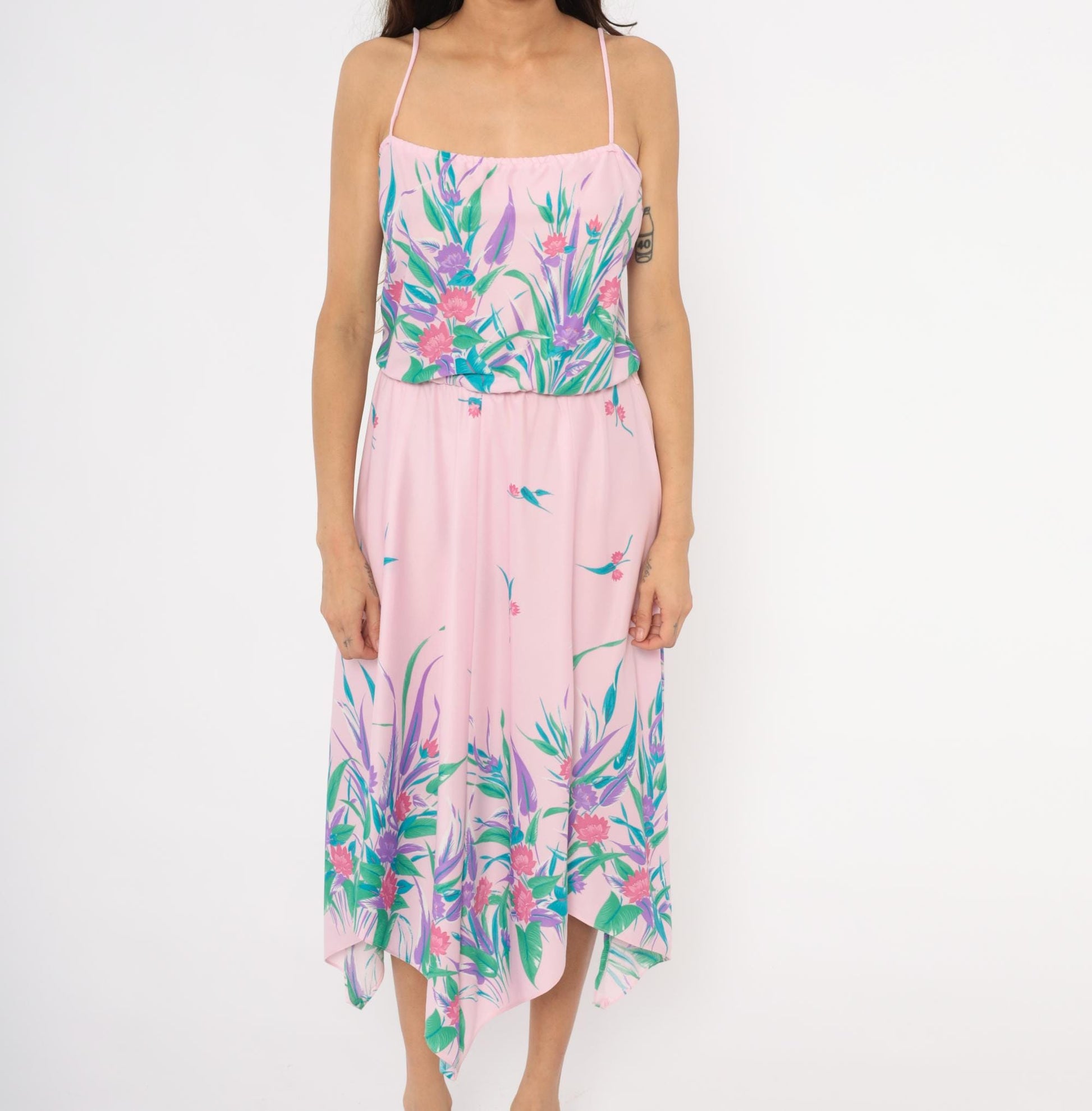 70s Floral Sundress Pink Purple Tropical Print Handkerchief Hem Medium