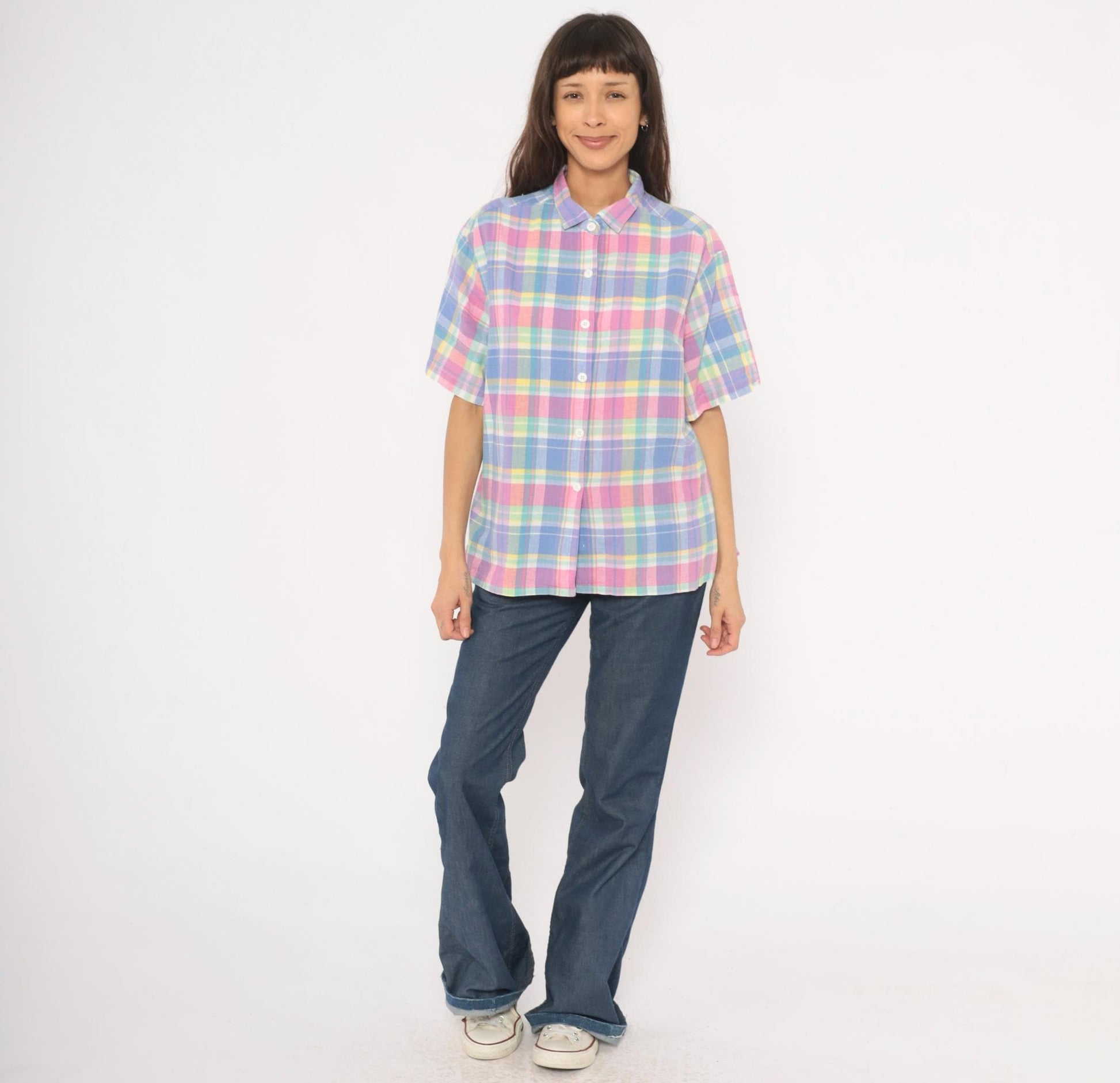 80s Jessica Tyler Madras Plaid Button-Up Blouse Pink Lavender Blue Cotton Large L