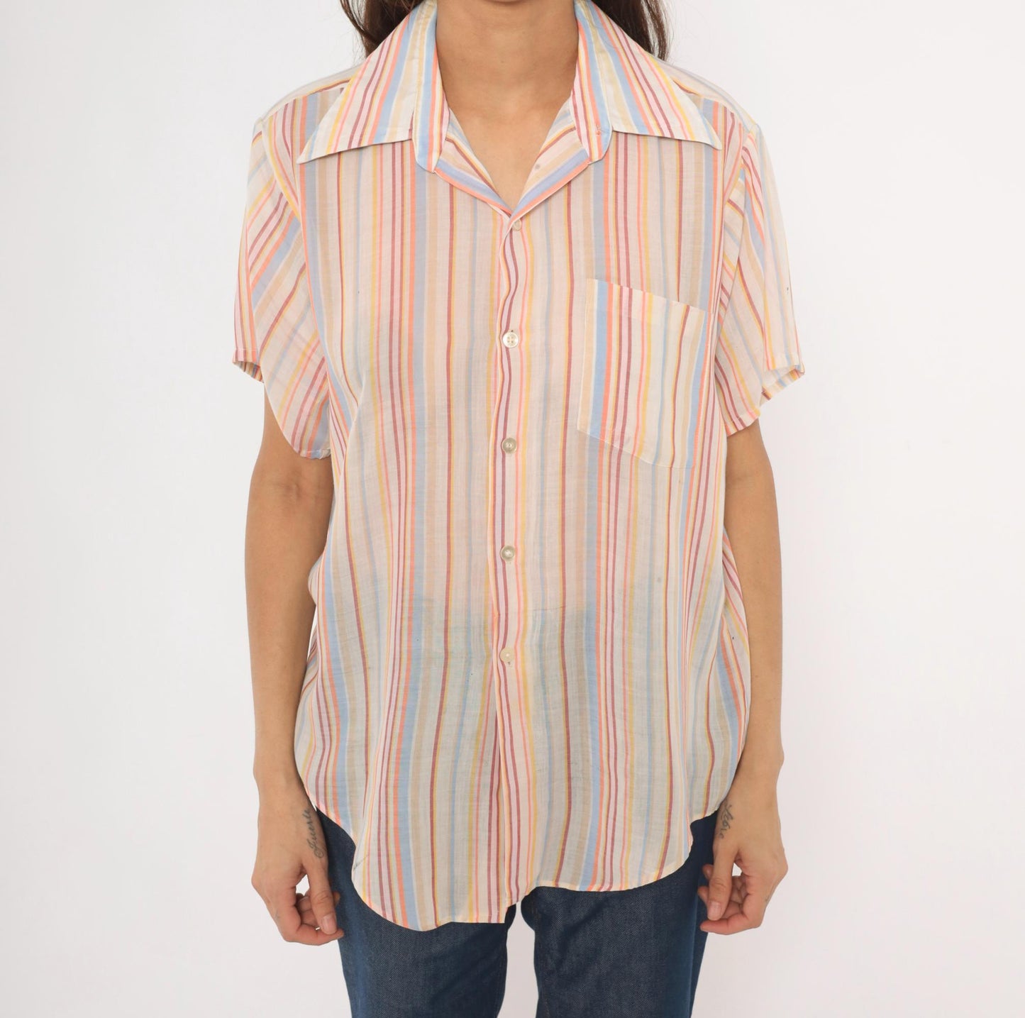 70s Brookdale Striped Camp Shirt Pastel Rainbow Cotton Notched Collar Medium