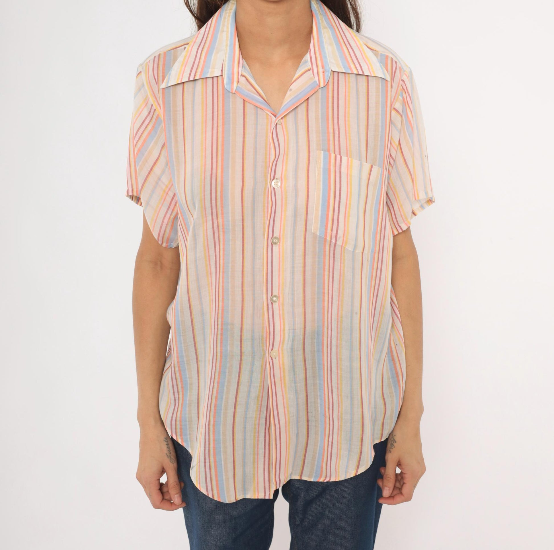 70s Brookdale Striped Camp Shirt Pastel Rainbow Cotton Notched Collar Medium