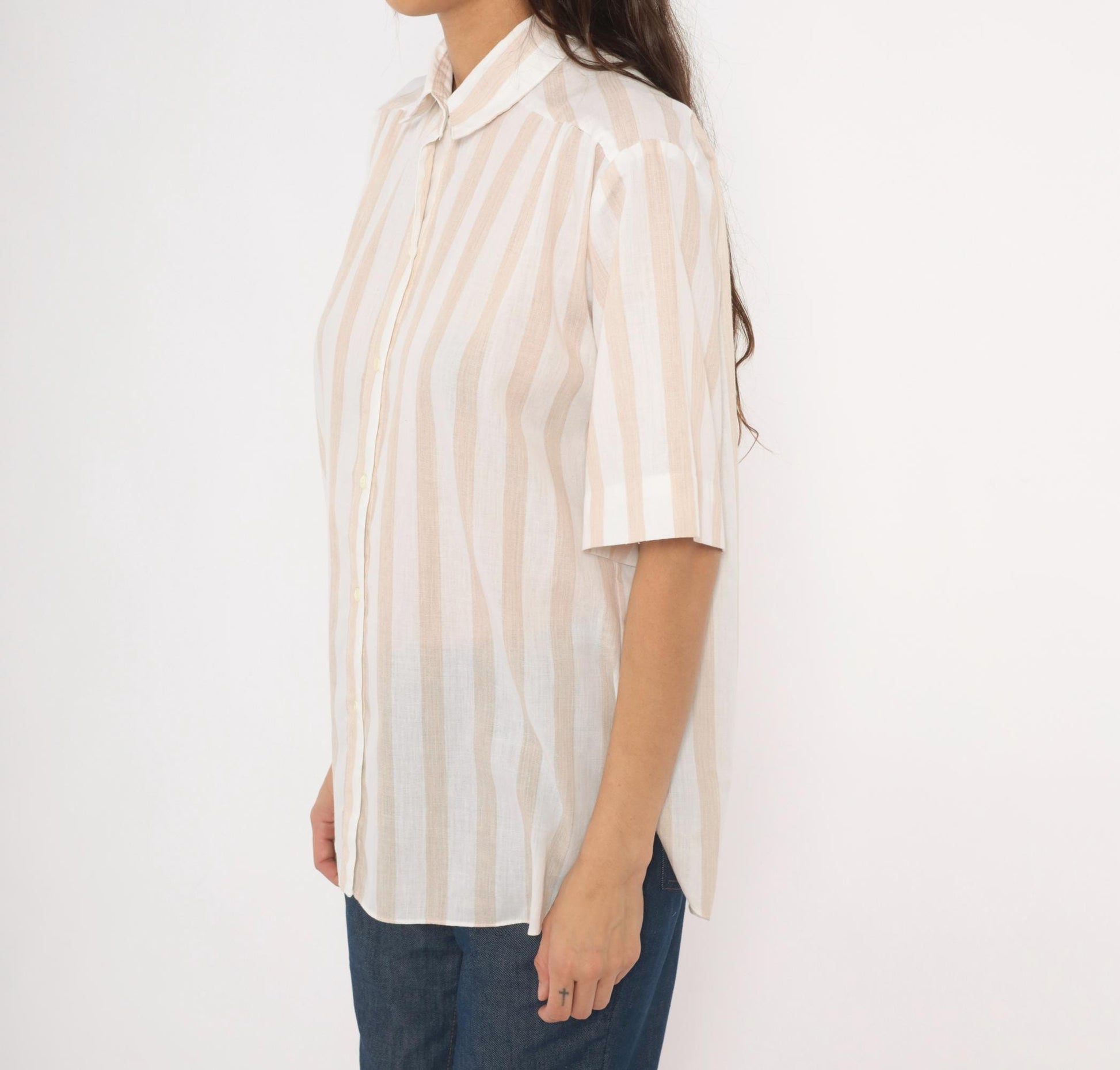 80s All Hours Cream Tan Striped Button-Front Blouse Pointed Collar Large