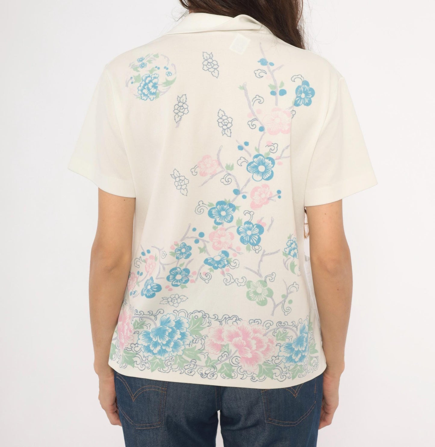 70s Cherry Blossom Peony Camp Collar Blouse Cream Floral Medium M