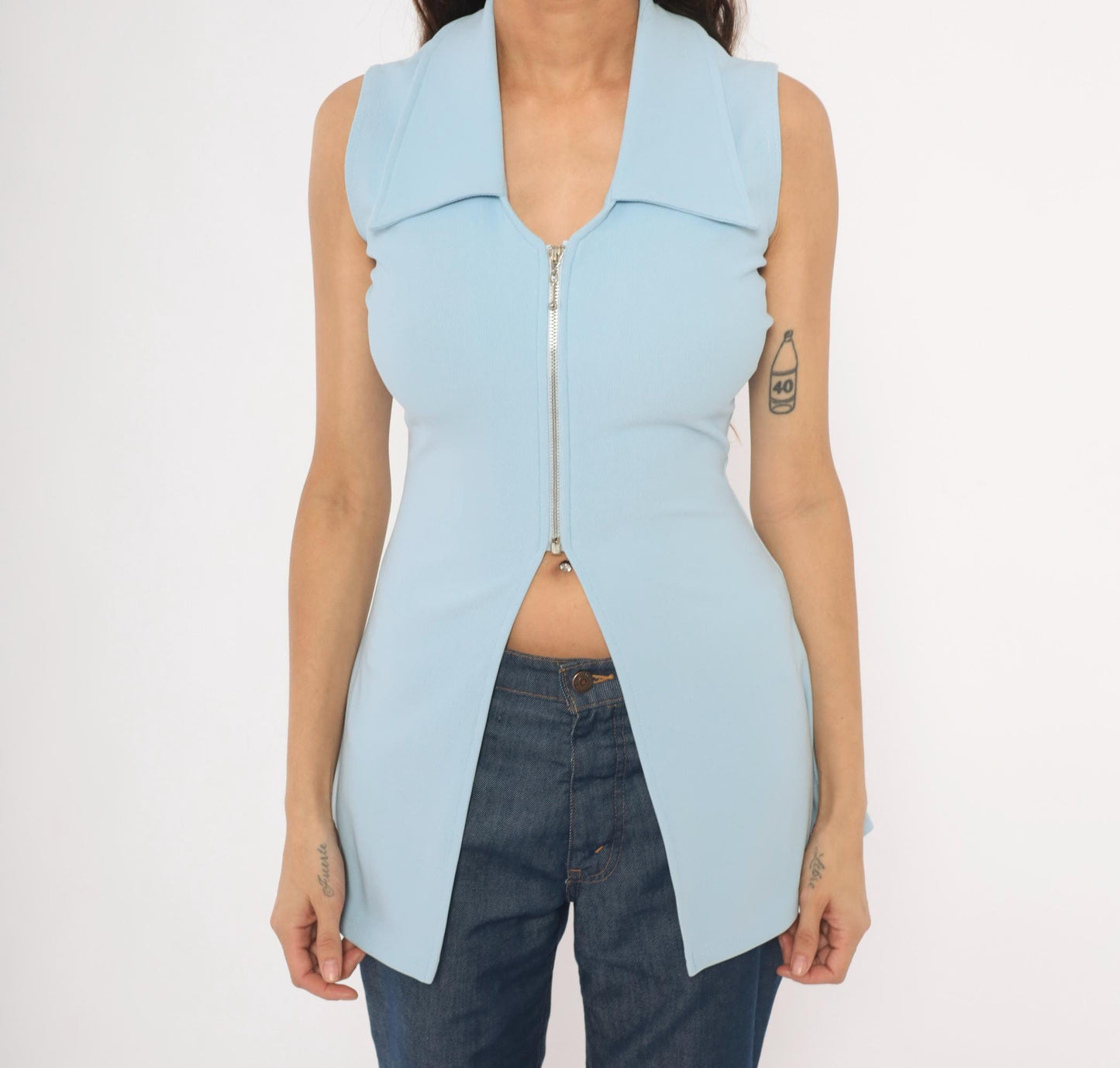90s Lulyk Baby Blue Sleeveless Peplum Top Silver Zip V-Neck Small S