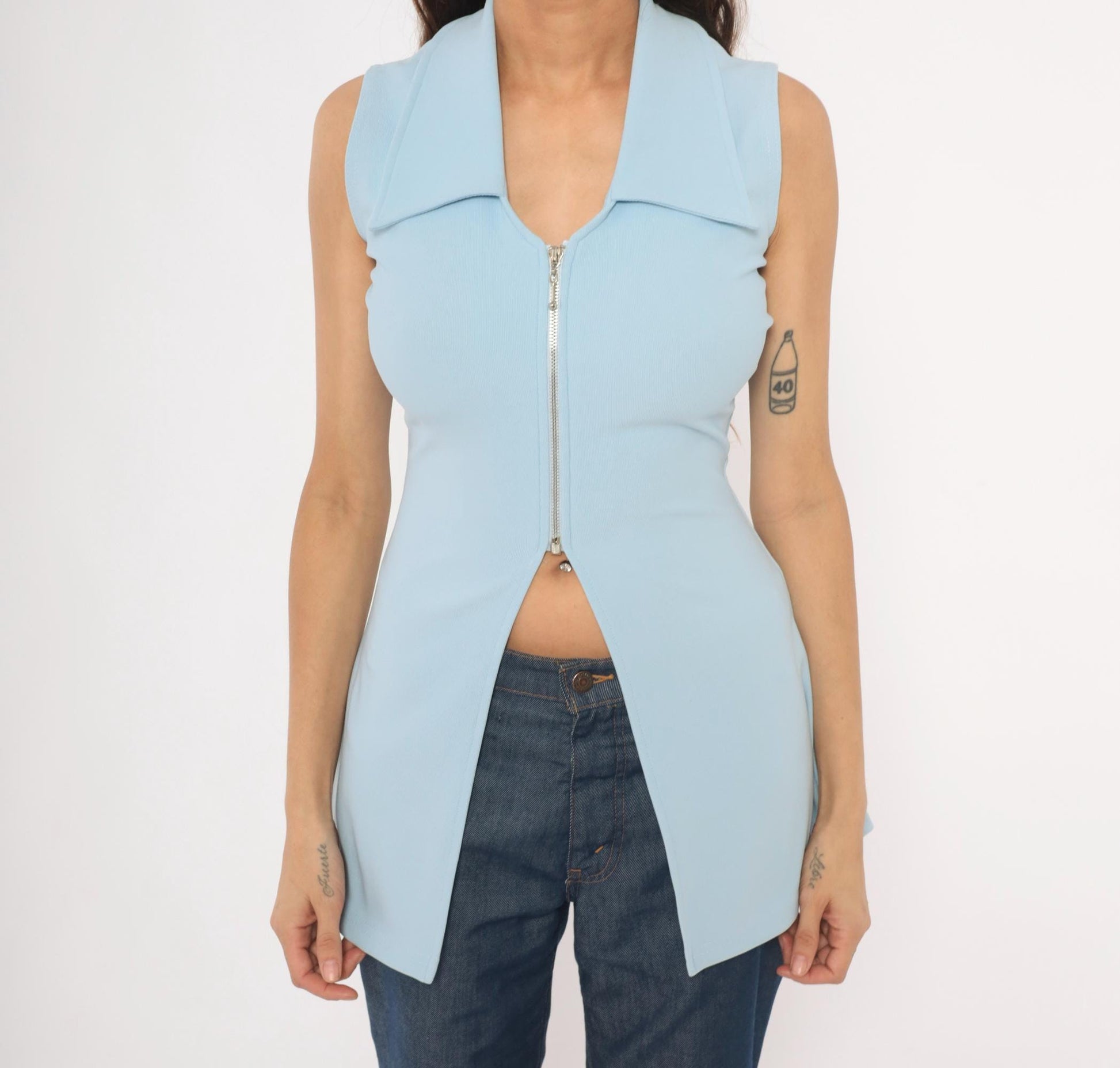 90s Lulyk Baby Blue Sleeveless Peplum Top Silver Zip V-Neck Small S