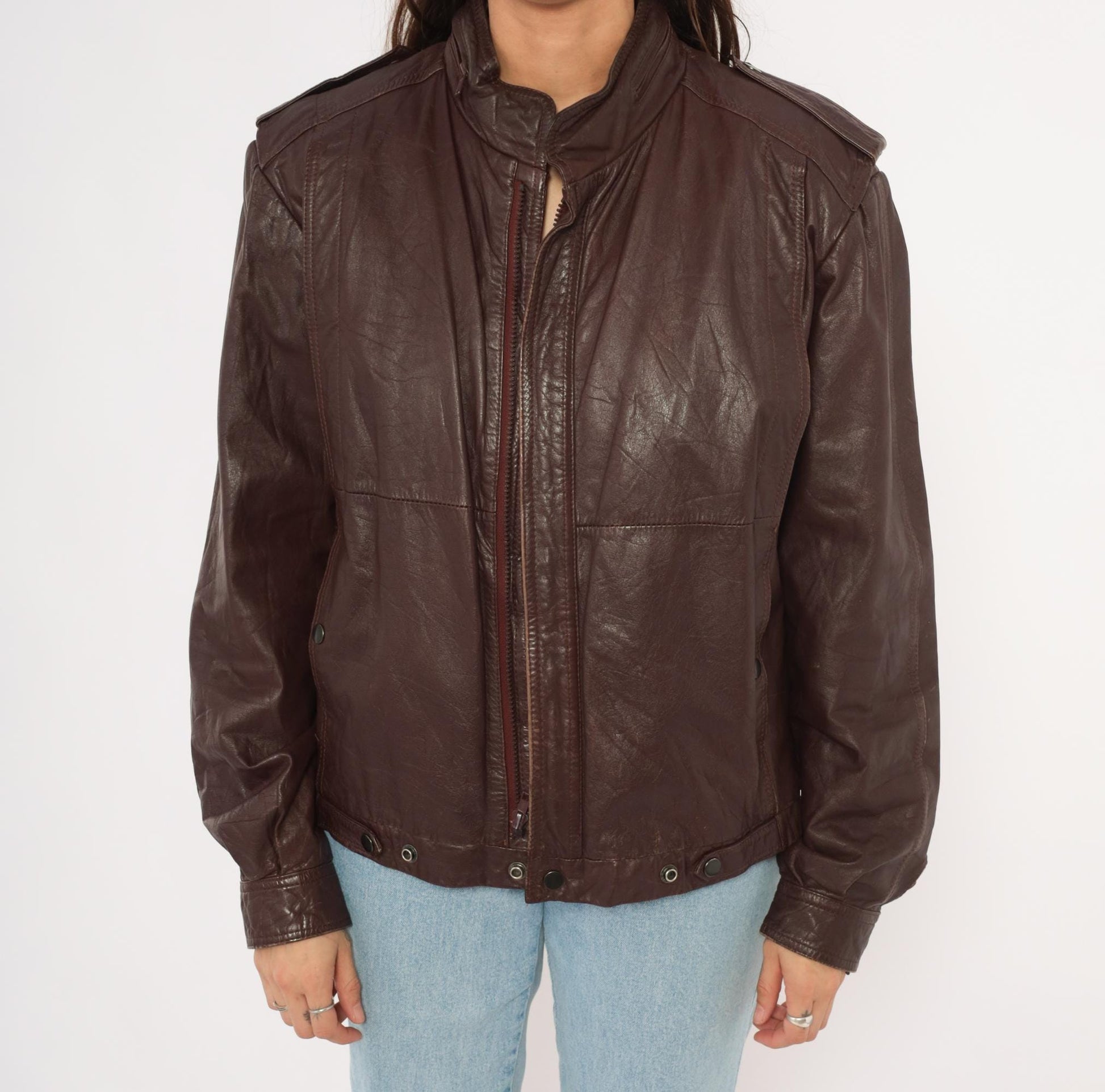 80s Leather Den Burgundy Bomber Jacket Zip Front Moto Coat Medium M