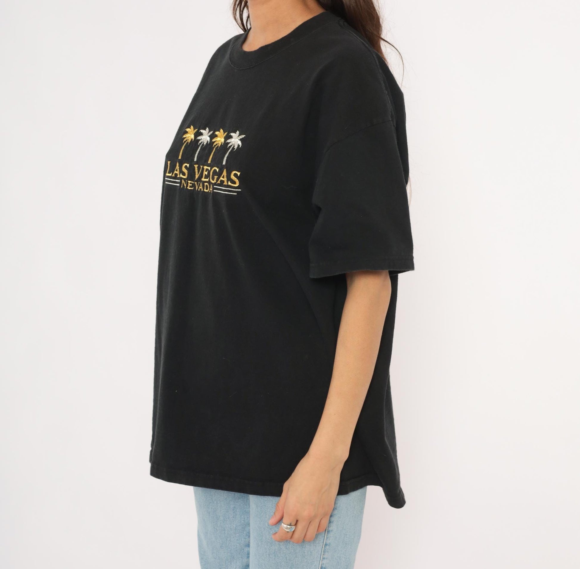 90s Las Vegas Nevada Embroidered Palm Tree Tee Black Cotton Mens Extra Large XL