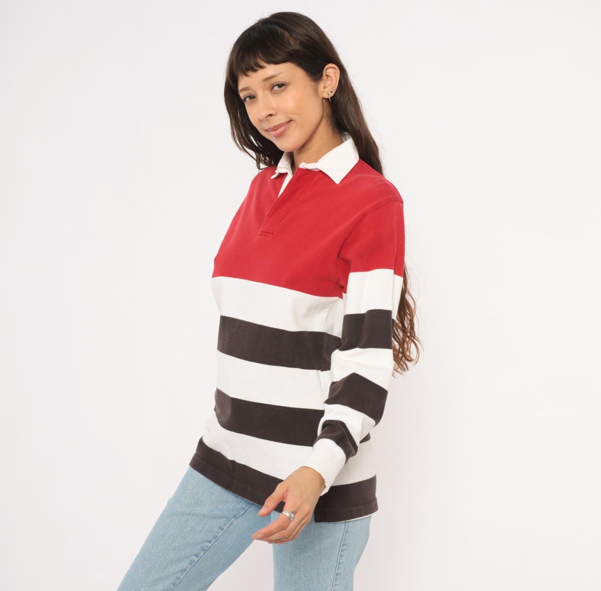 90s Cambridge Classics Rugby Shirt Striped Red White Brown Cotton Small