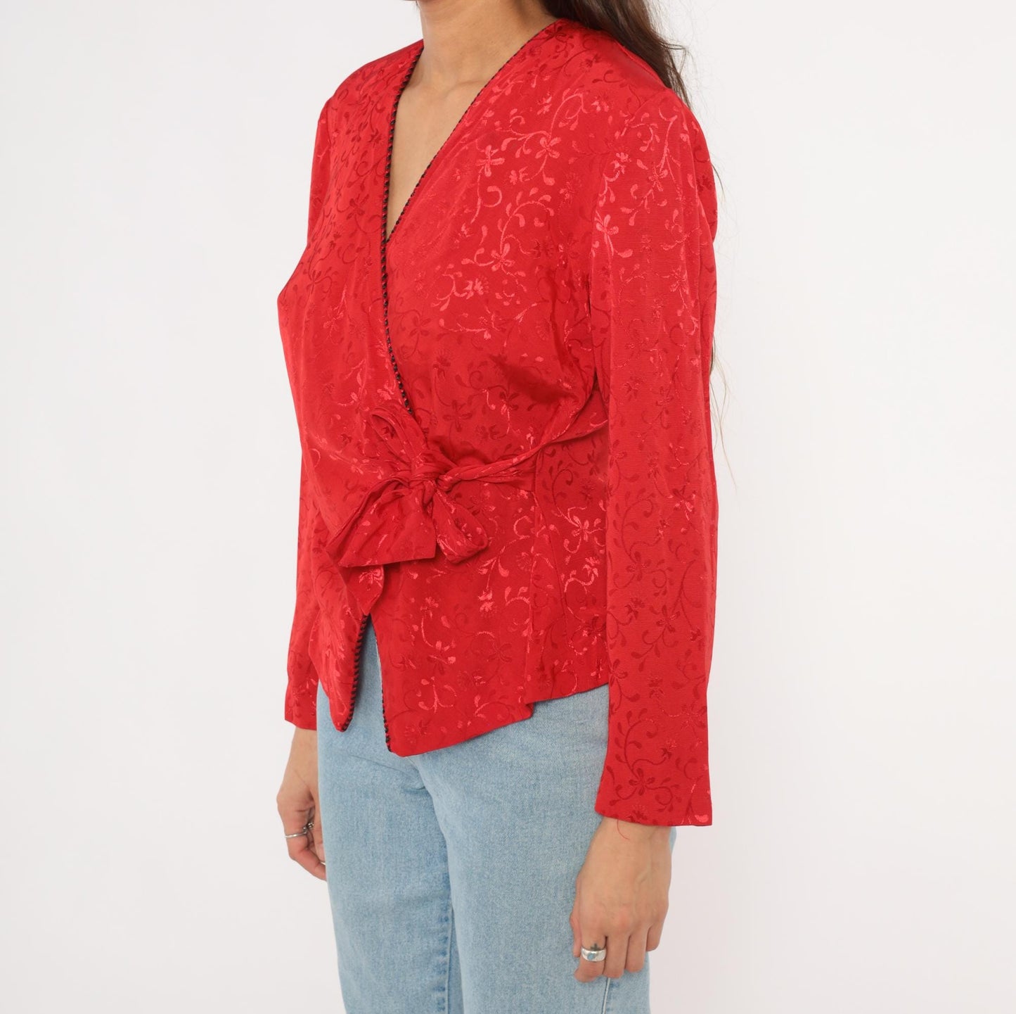 90s SL Petites Red Jacquard Wrap Blouse Floral Vine Embossed Small S