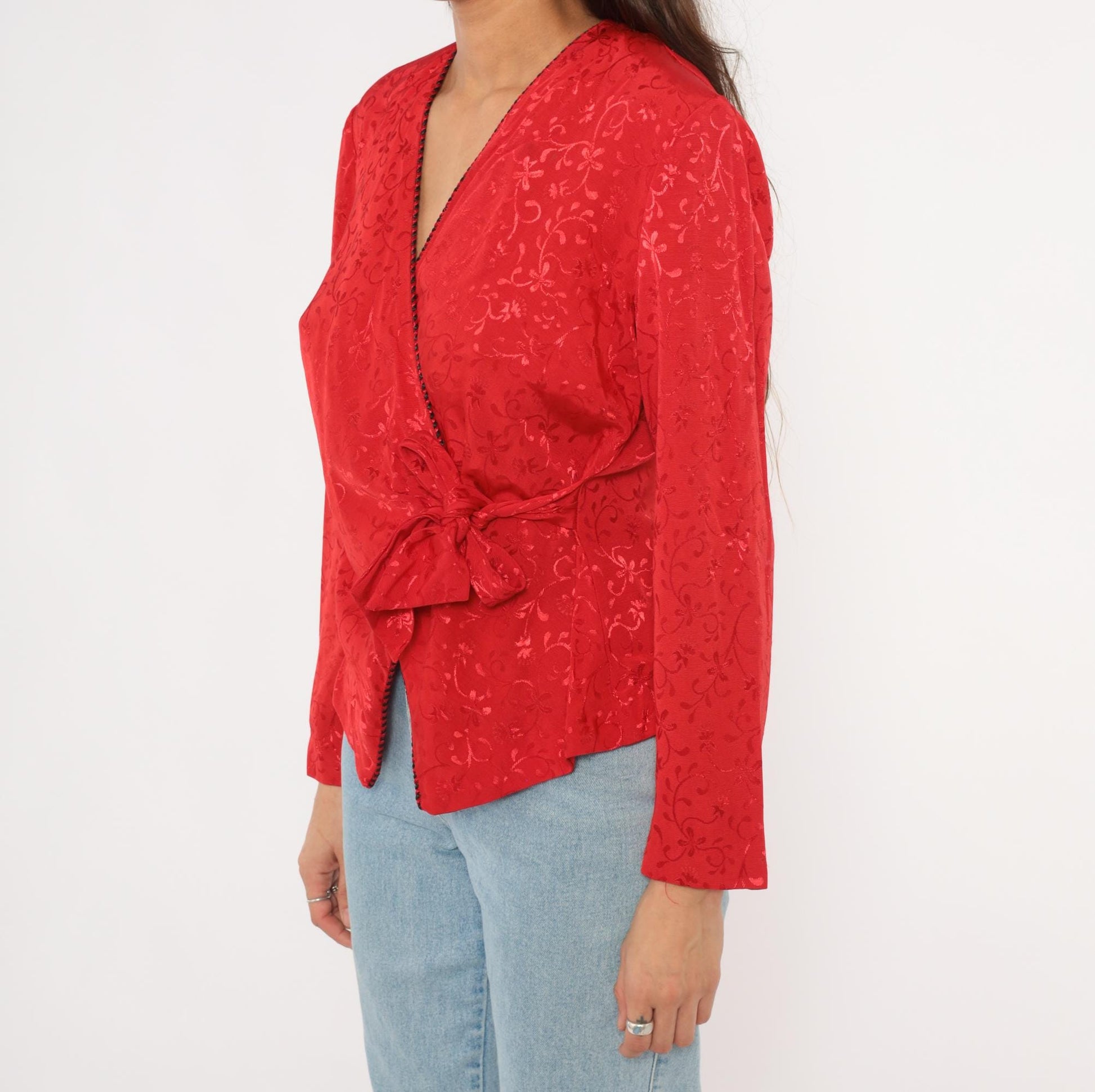 90s SL Petites Red Jacquard Wrap Blouse Floral Vine Embossed Small S