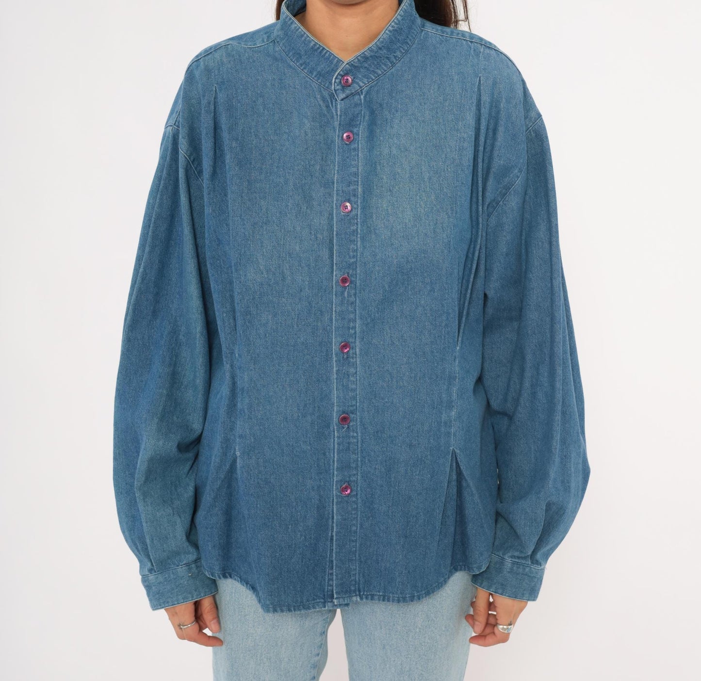 90s International Male Denim Shirt Mandarin Collar Button Front Blue Chambray Large L