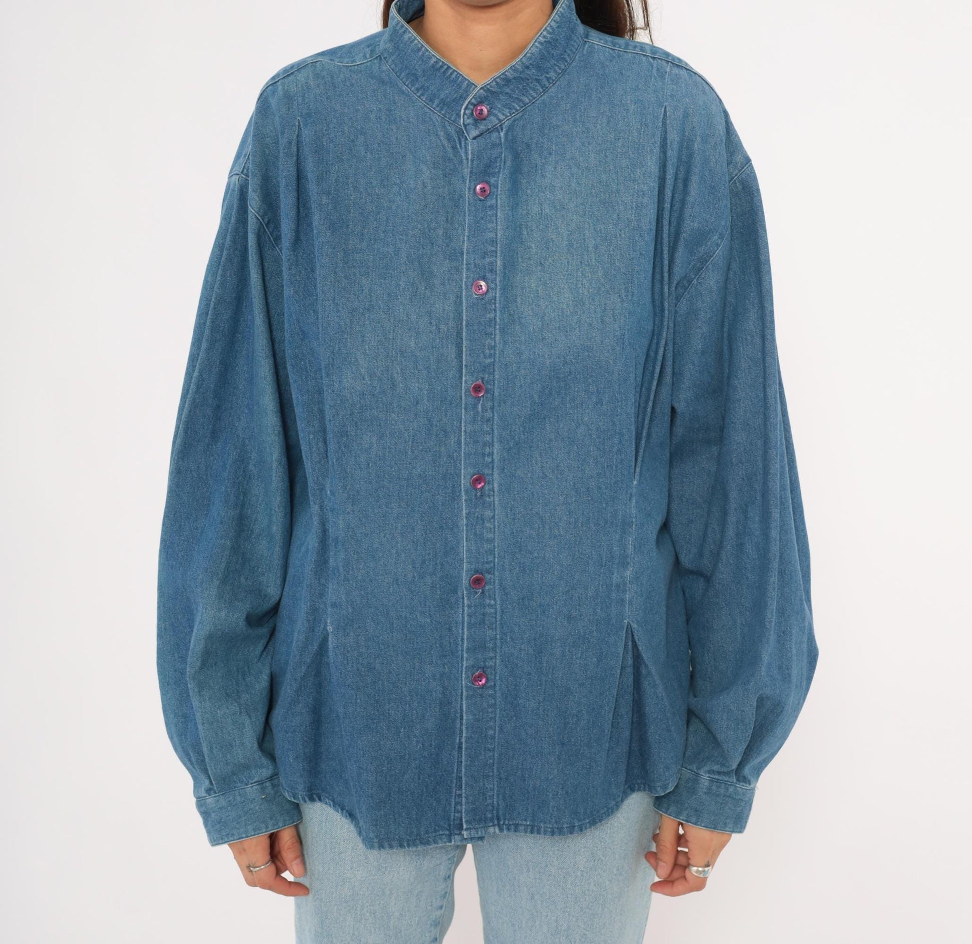 90s International Male Denim Shirt Mandarin Collar Button Front Blue Chambray Large L