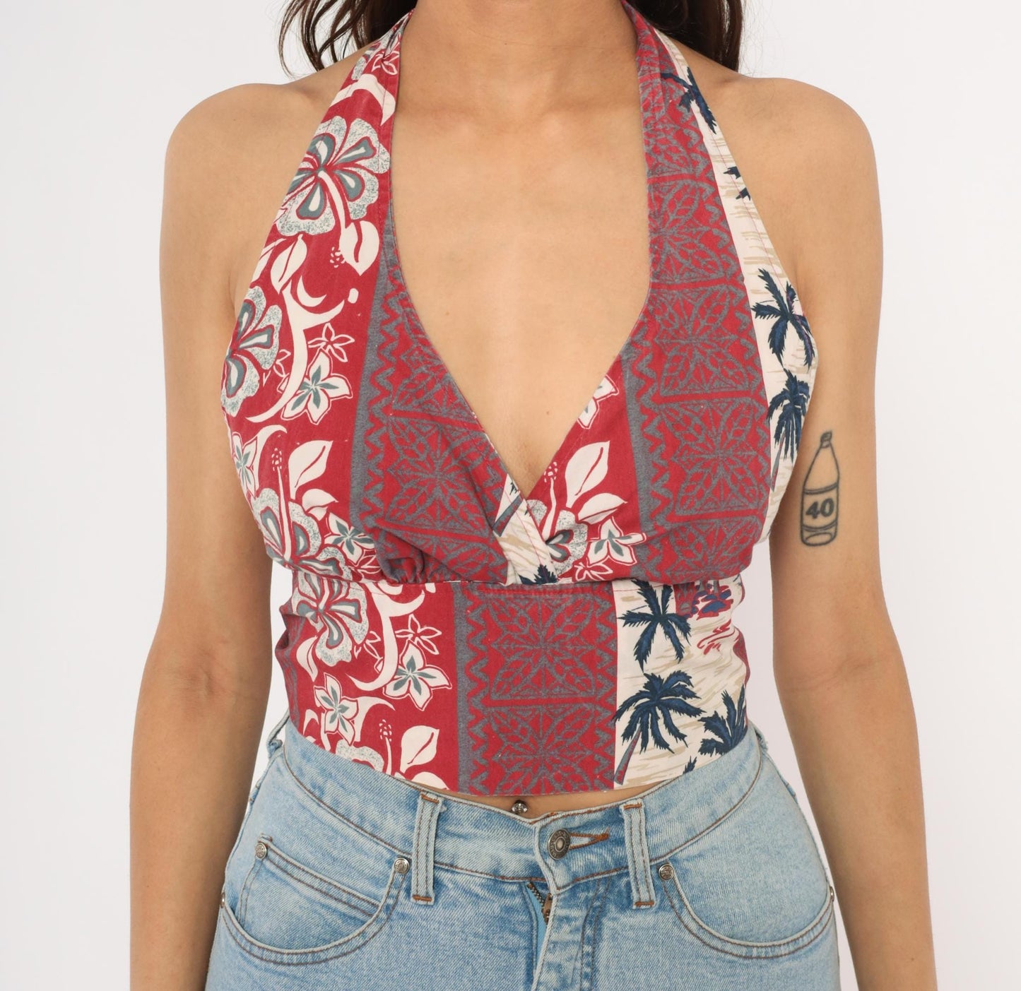 Y2K Hawaiian Halter Crop Top Tropical Print Red Navy Cream Small S