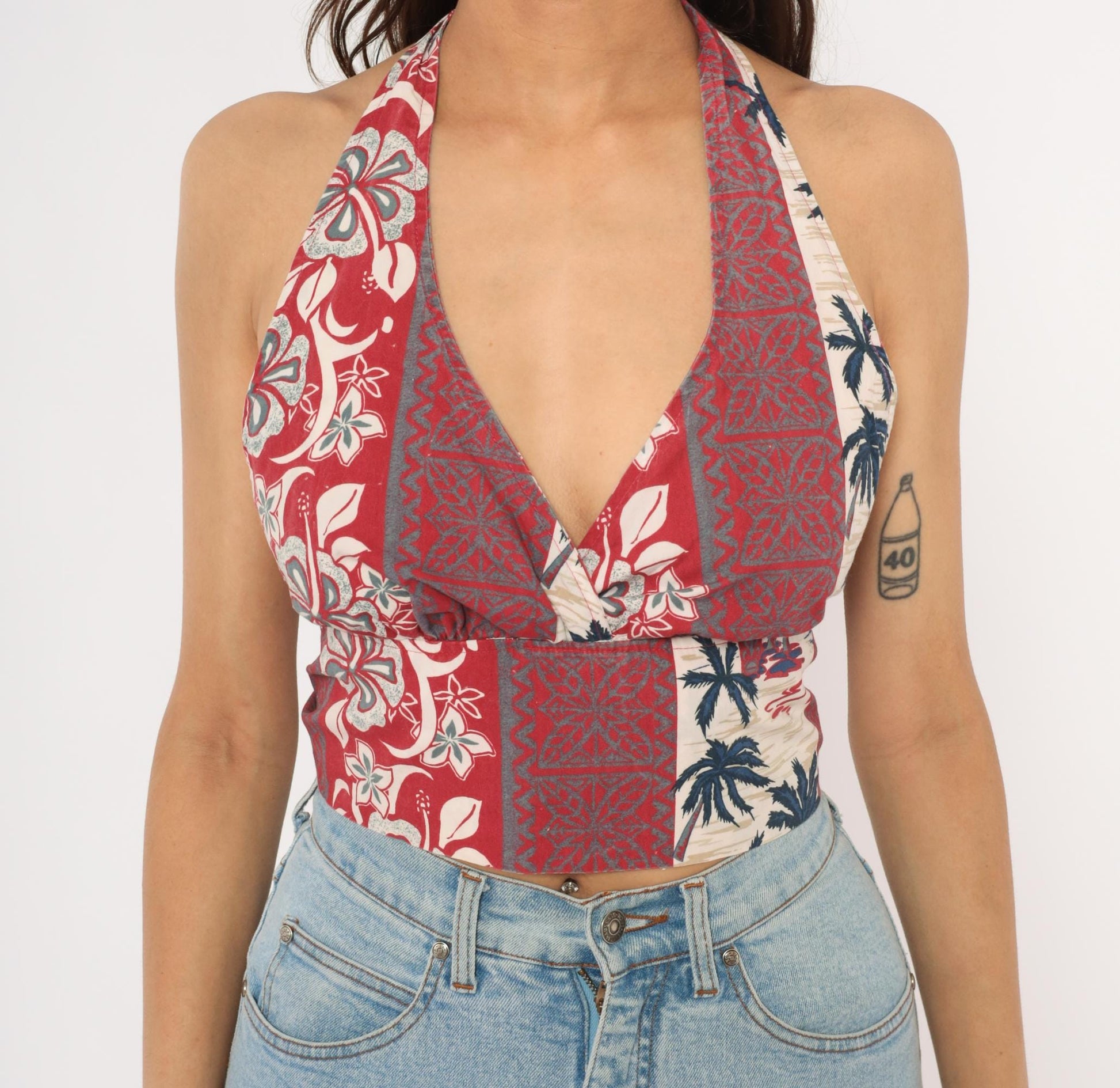Y2K Hawaiian Halter Crop Top Tropical Print Red Navy Cream Small S