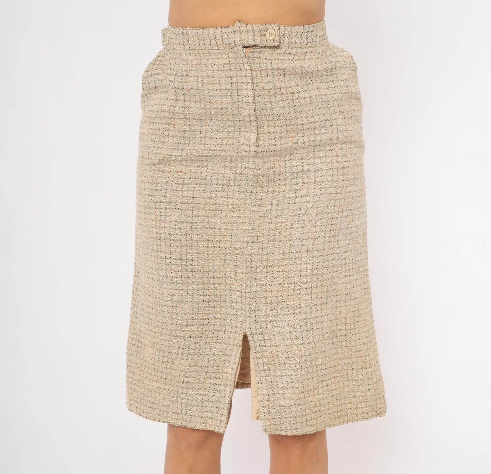 70s John Meyer Tweed Pencil Skirt Tan Houndstooth Check Knee Length Wool Small