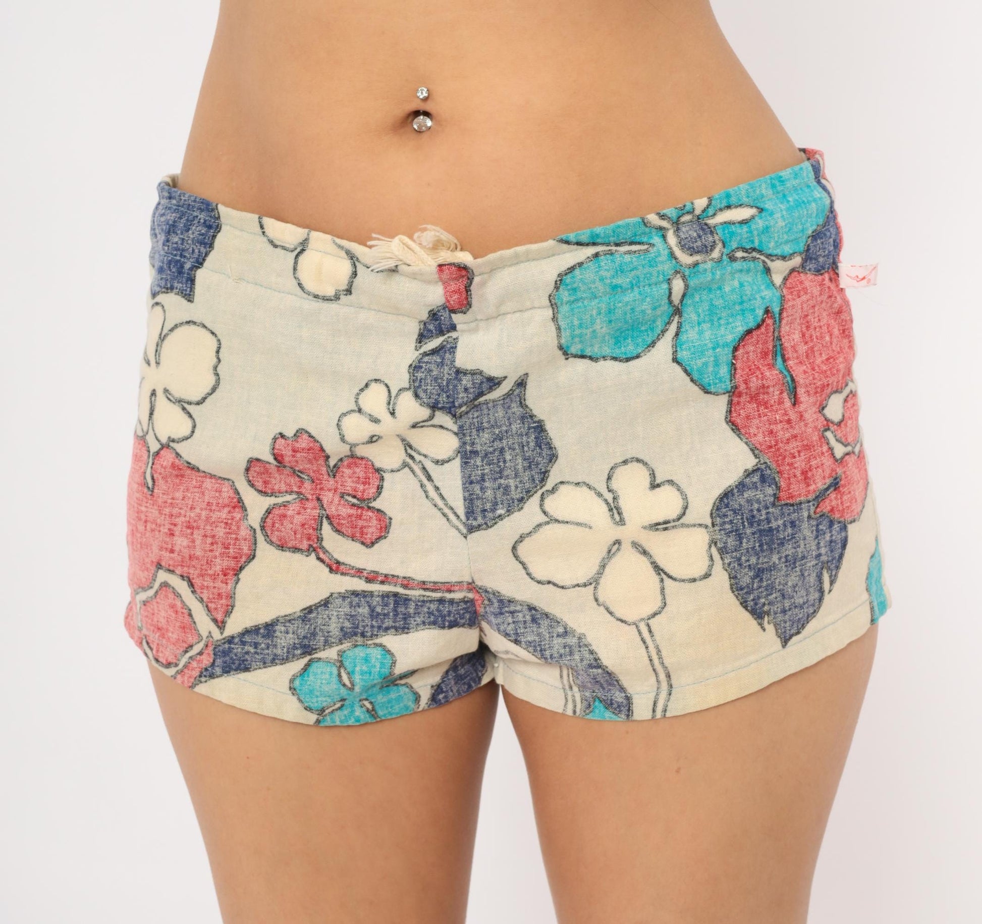80s Jantzen Floral Drawstring Shorts Cotton Low Rise Mini Coral Turquoise Small