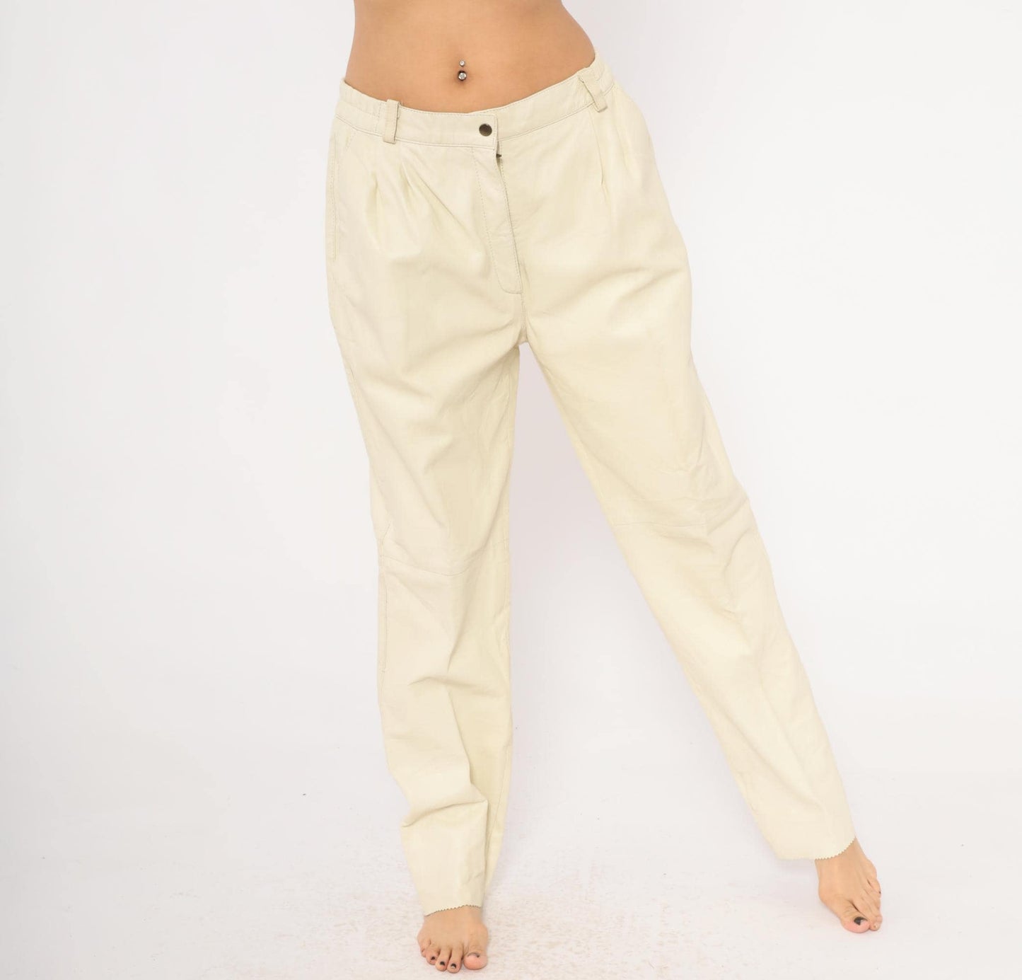 80s Masart Cream Leather Pants Pleated Front Straight Leg Mid-Rise Size 16