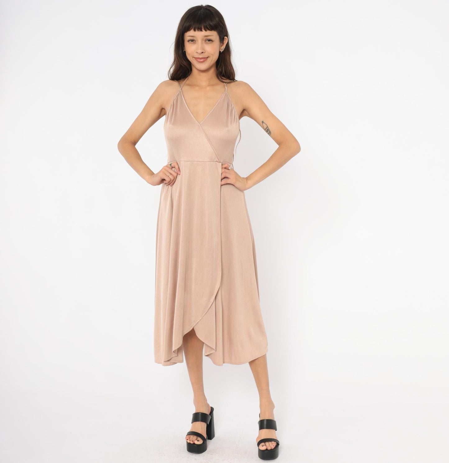 70s Nude Halter Midi Dress Wrap Front Surplice Neckline Tulip Hem Medium