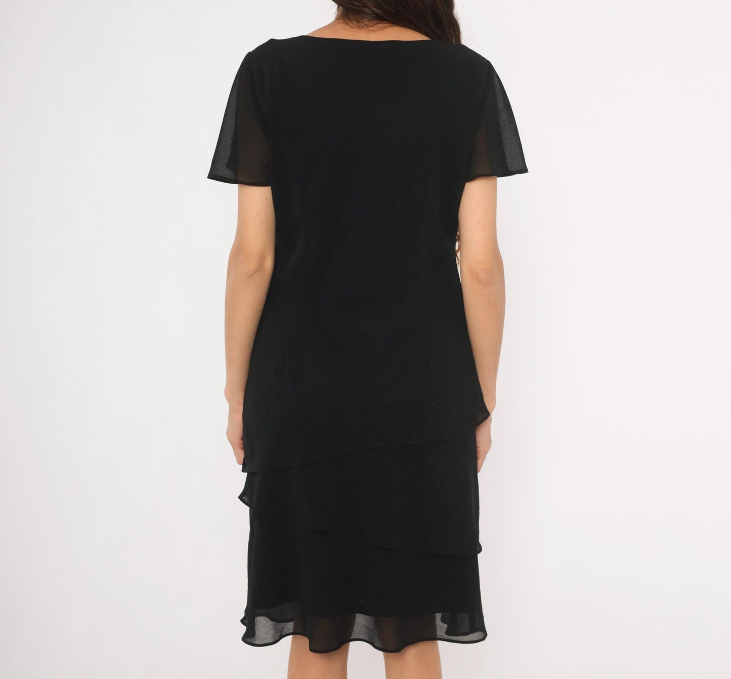 90s Black Knee-Length Chiffon Dress Flutter Sleeve Tiered Hem Medium