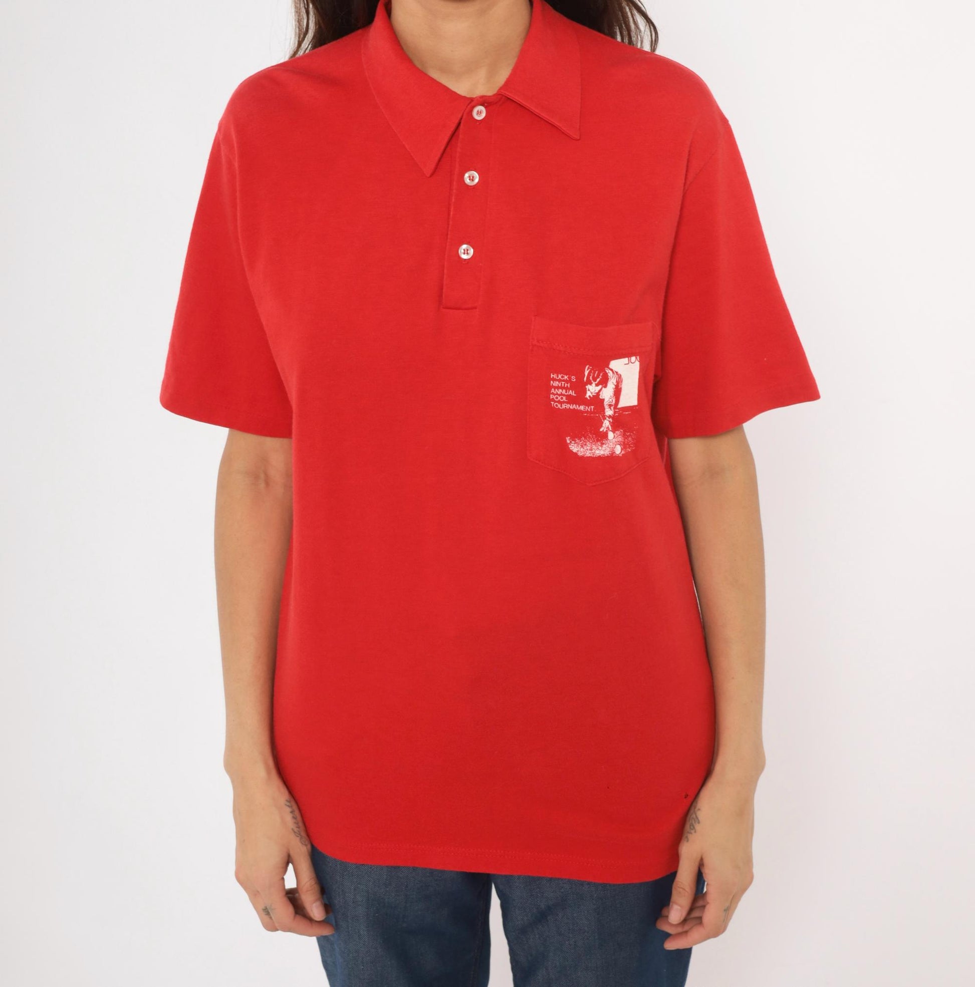 80s Stedman Pool Tournament Polo Shirt Red Billiards Graphic Large L