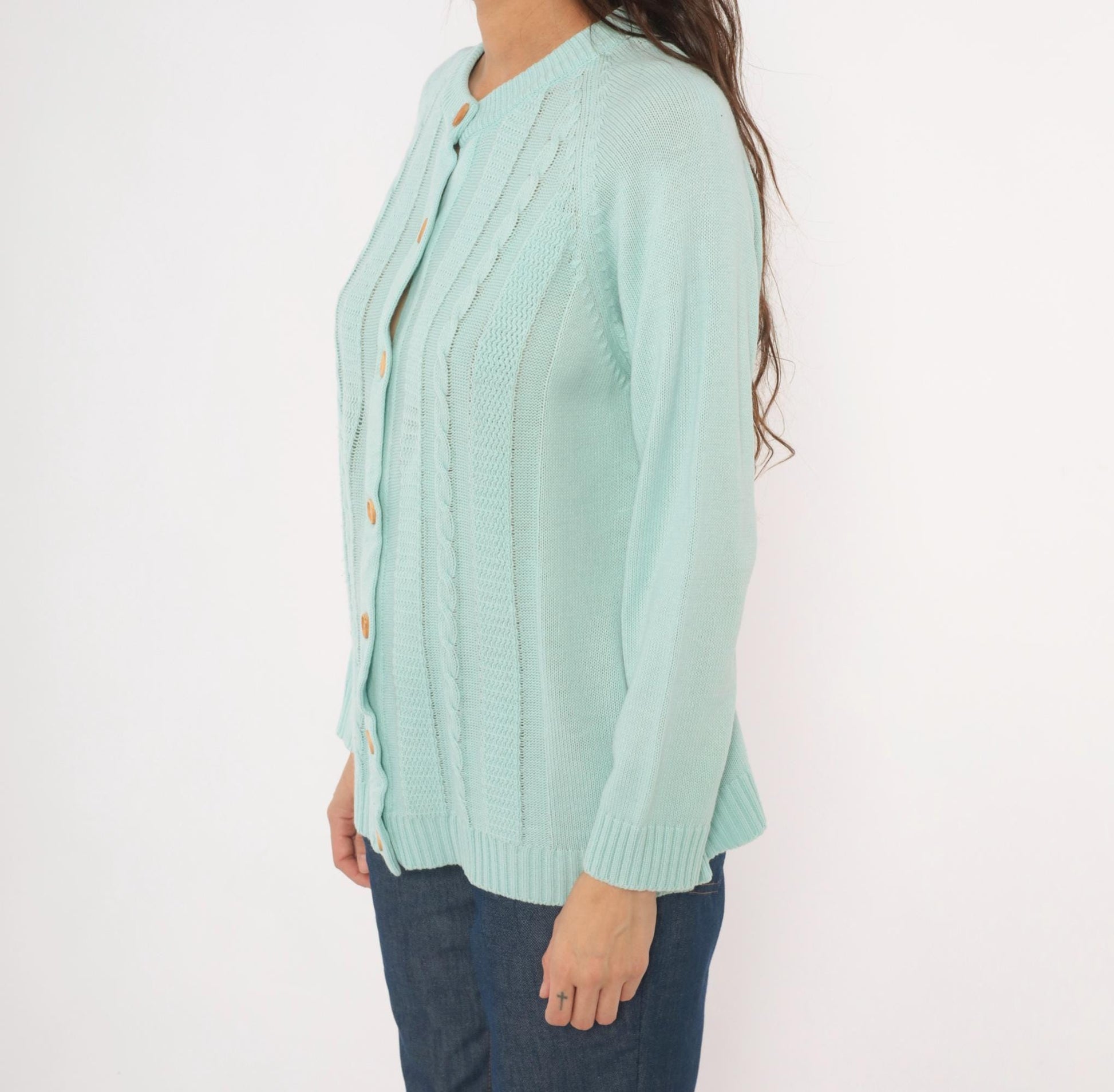 80s Seafoam Cable Knit Cardigan Mint Green Crewneck Medium M