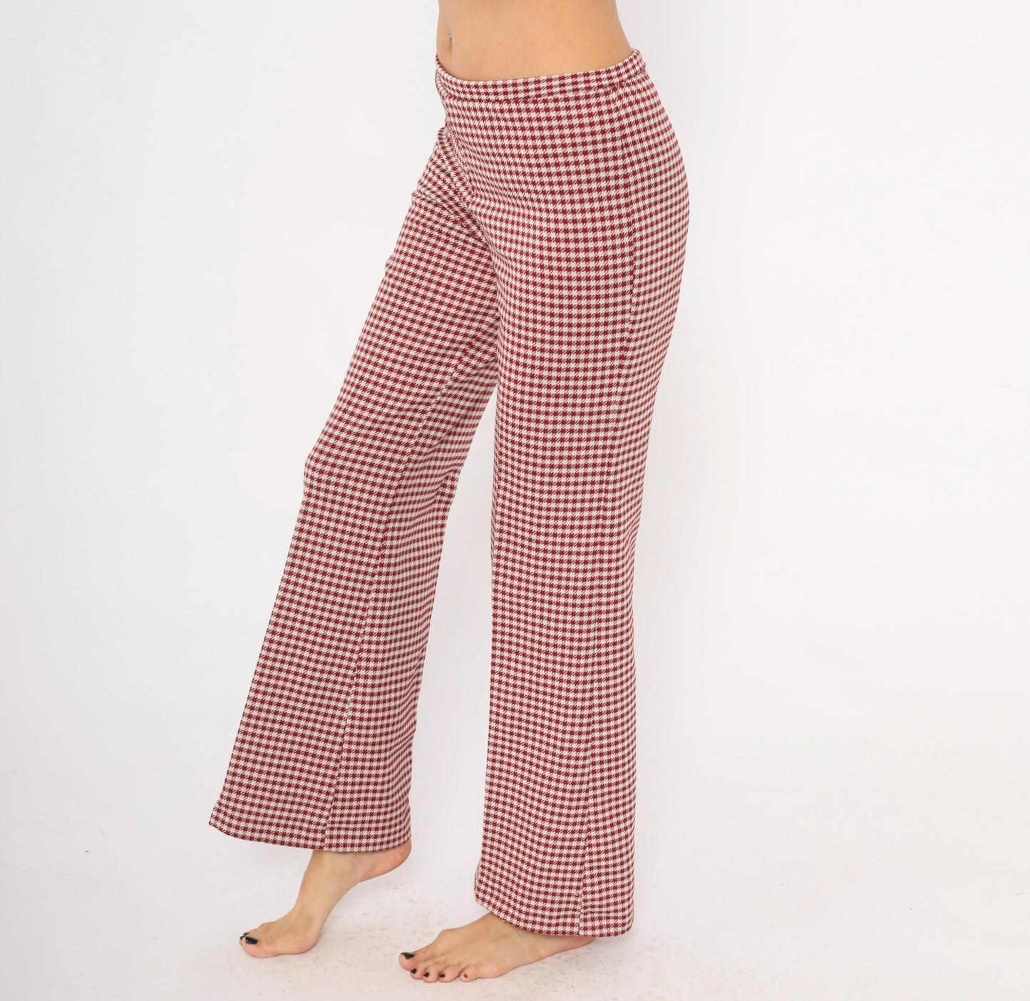 70s Houndstooth Flare Pants Burgundy Cream Low Rise Bell Bottom Medium