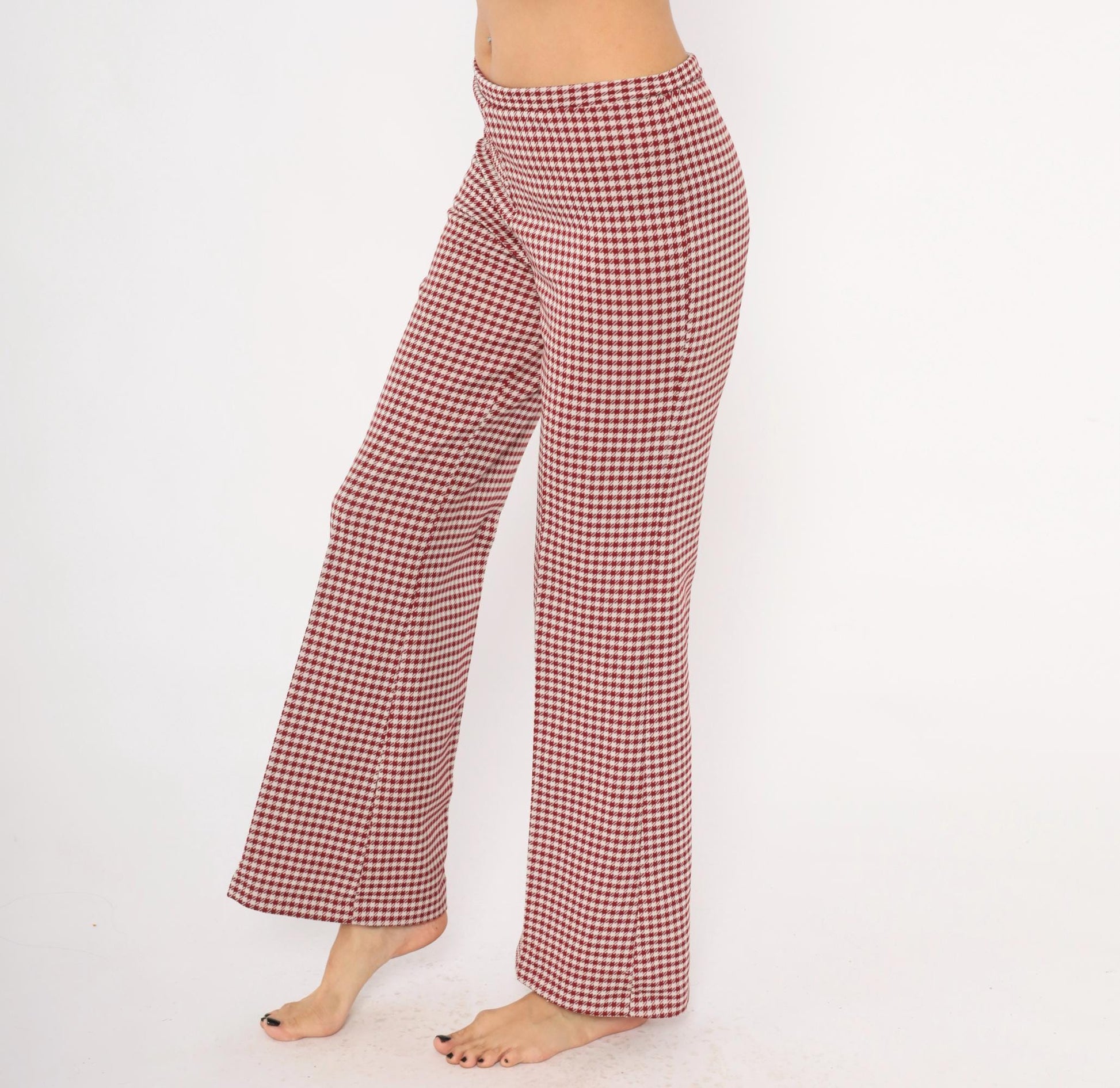 70s Houndstooth Flare Pants Burgundy Cream Low Rise Bell Bottom Medium
