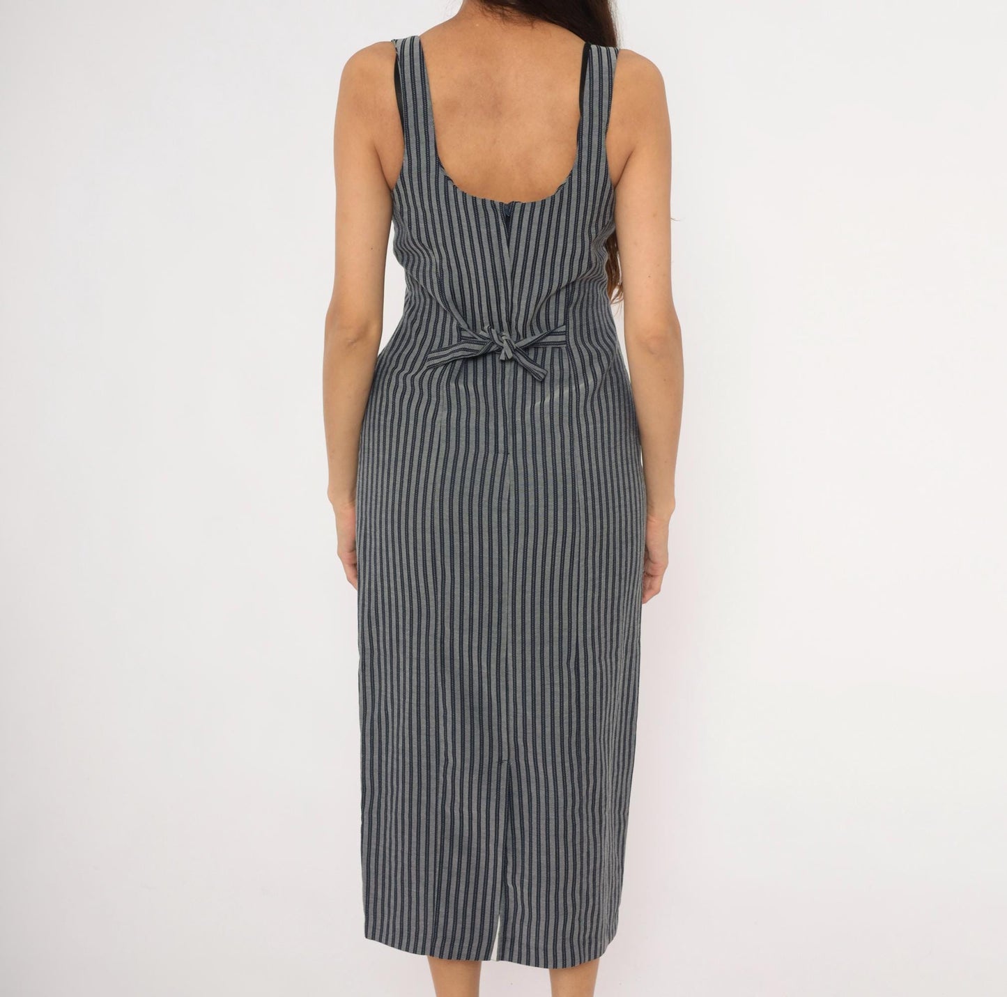 90s Rampage Navy Grey Pinstripe Midi Dress Fitted Sleeveless Small S