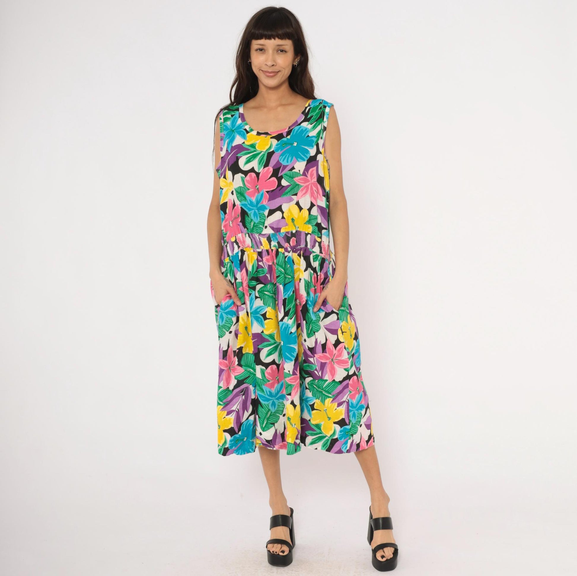 90s Tumbleweeds Tropical Hibiscus Midi Sundress Cotton Scoop Neck Large L