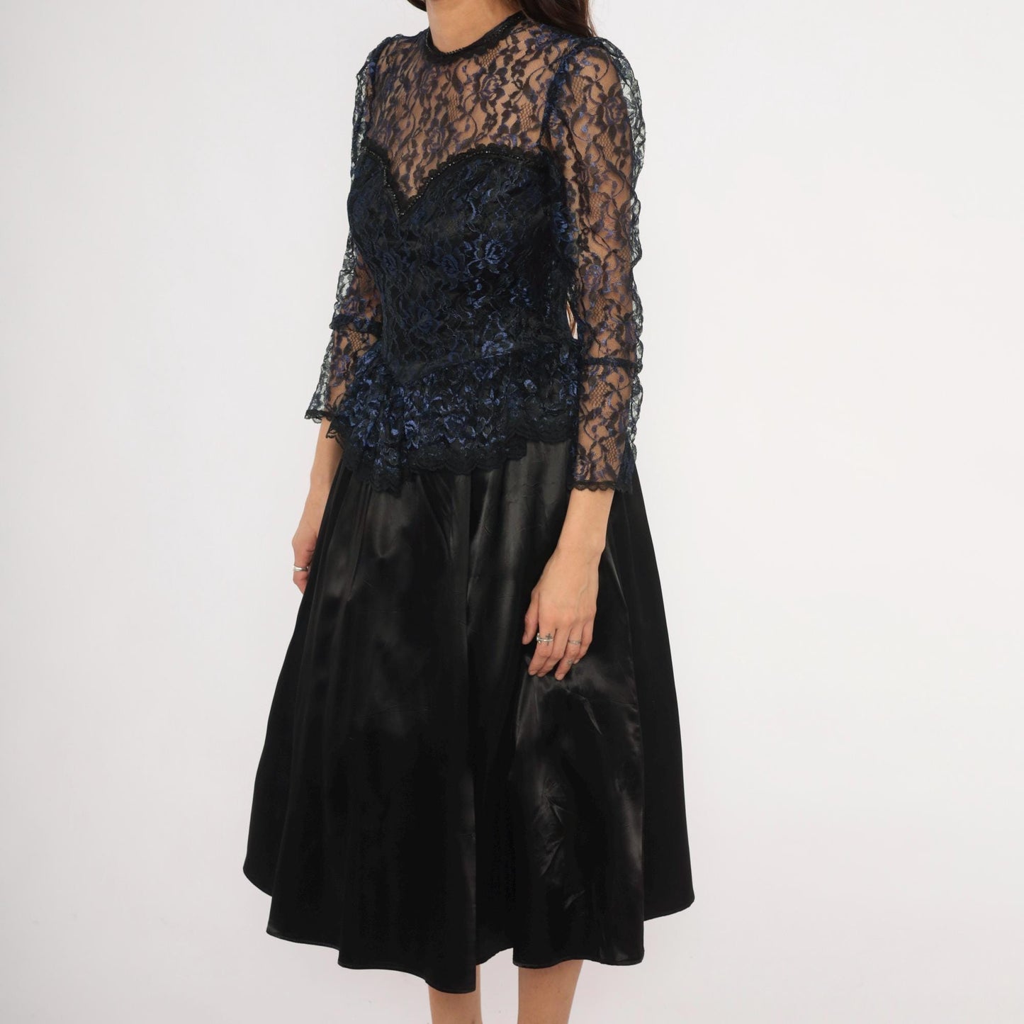 80s Gunne Sax Black Navy Floral Lace Peplum Sweetheart Gown Medium M