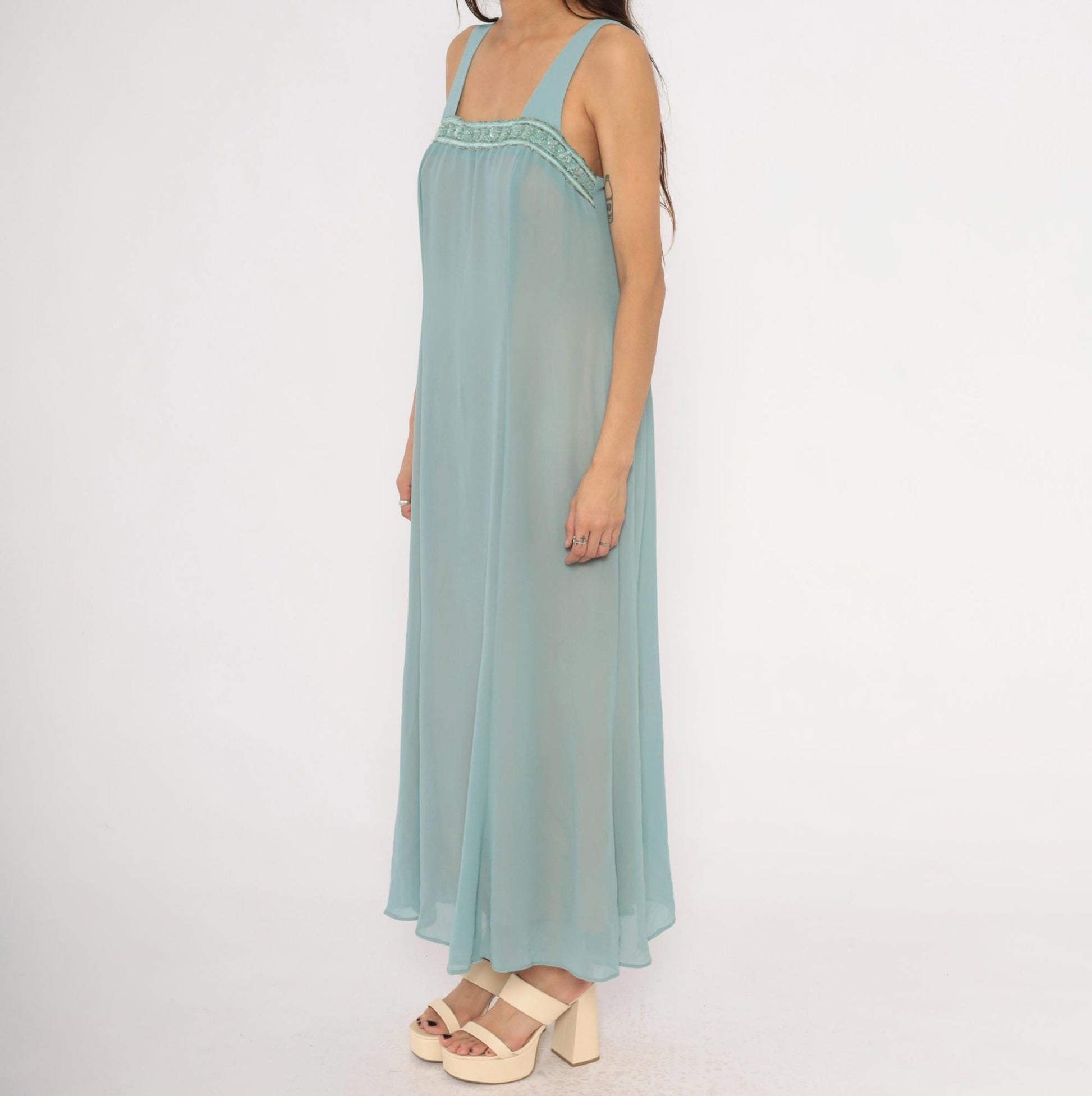 80s Ursula Ice Blue Maxi Dress Beaded Chiffon Empire Waist Small