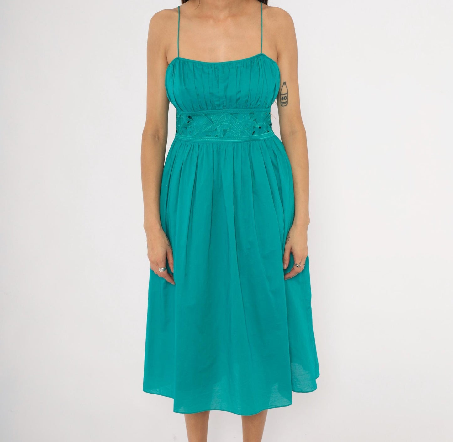 90s Jessica Howard Teal Midi Sundress Embroidered Eyelet Cotton Small