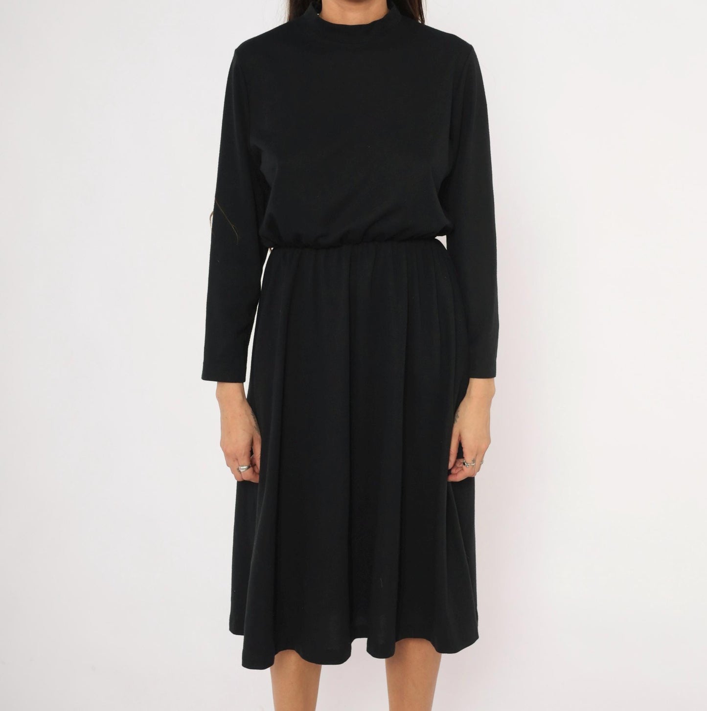 80s Philippe Marcel Black Mock Neck Dress Gathered Knee-Length Small Medium