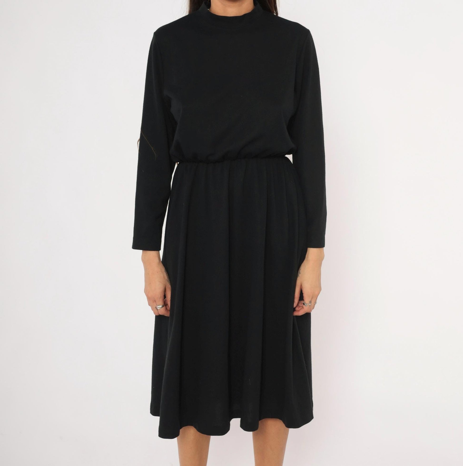 80s Philippe Marcel Black Mock Neck Dress Gathered Knee-Length Small Medium