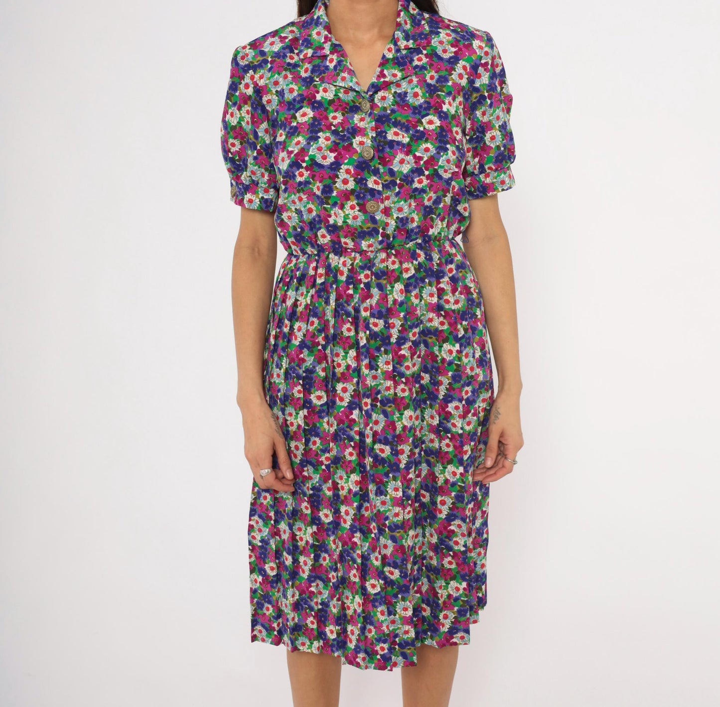 80s Winning Ticket Floral Shirtdress Purple Garden Print Puff Sleeve Small