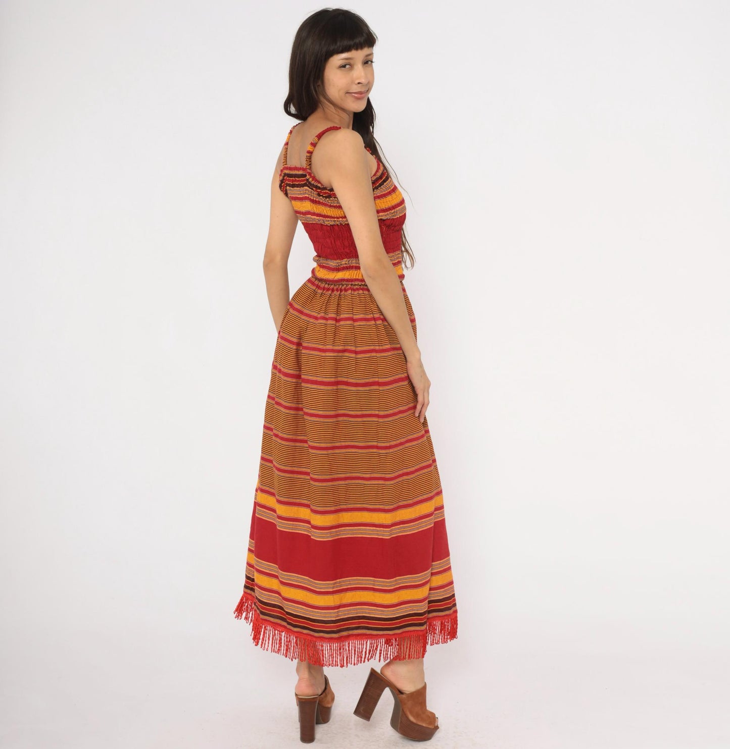 90s Striped Smocked Sundress Red Gold Fringe Hem Cotton Small